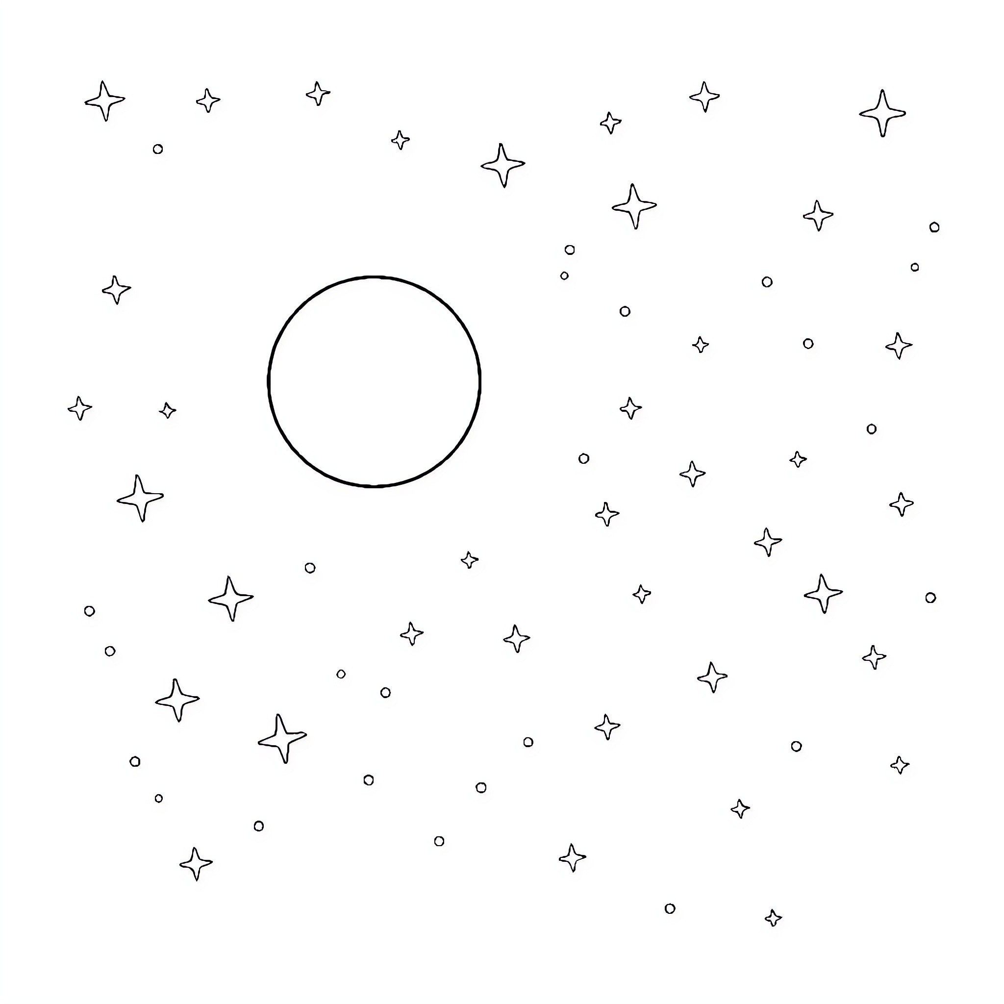 Moon and Stars in the Night Sky Coloring Page (free black-and-white line drawing printable PDF for all, from beginners to advanced learners, including children, teens, adults, and seniors)