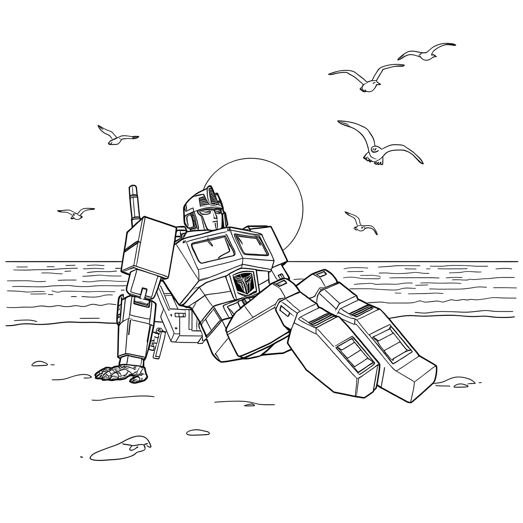 Optimus Prime stranded on the beach Coloring Page (free black-and-white line drawing printable PDF for all, from beginners to advanced learners, including children, teens, adults, and seniors)