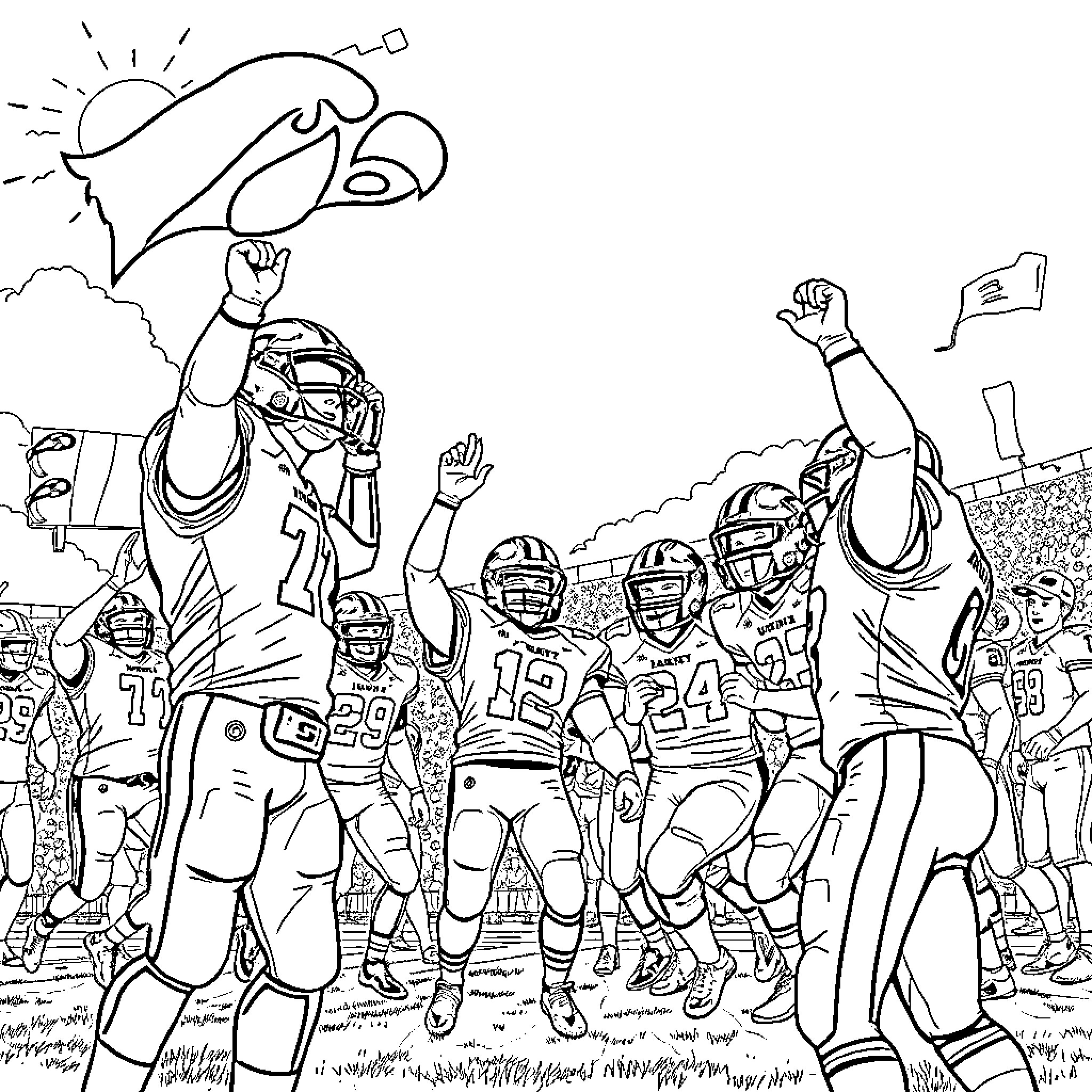 Hawkeye football players celebrating victory on the field Coloring Page (free black-and-white line drawing printable PDF for all, from beginners to advanced learners, including children, teens, adults, and seniors)
