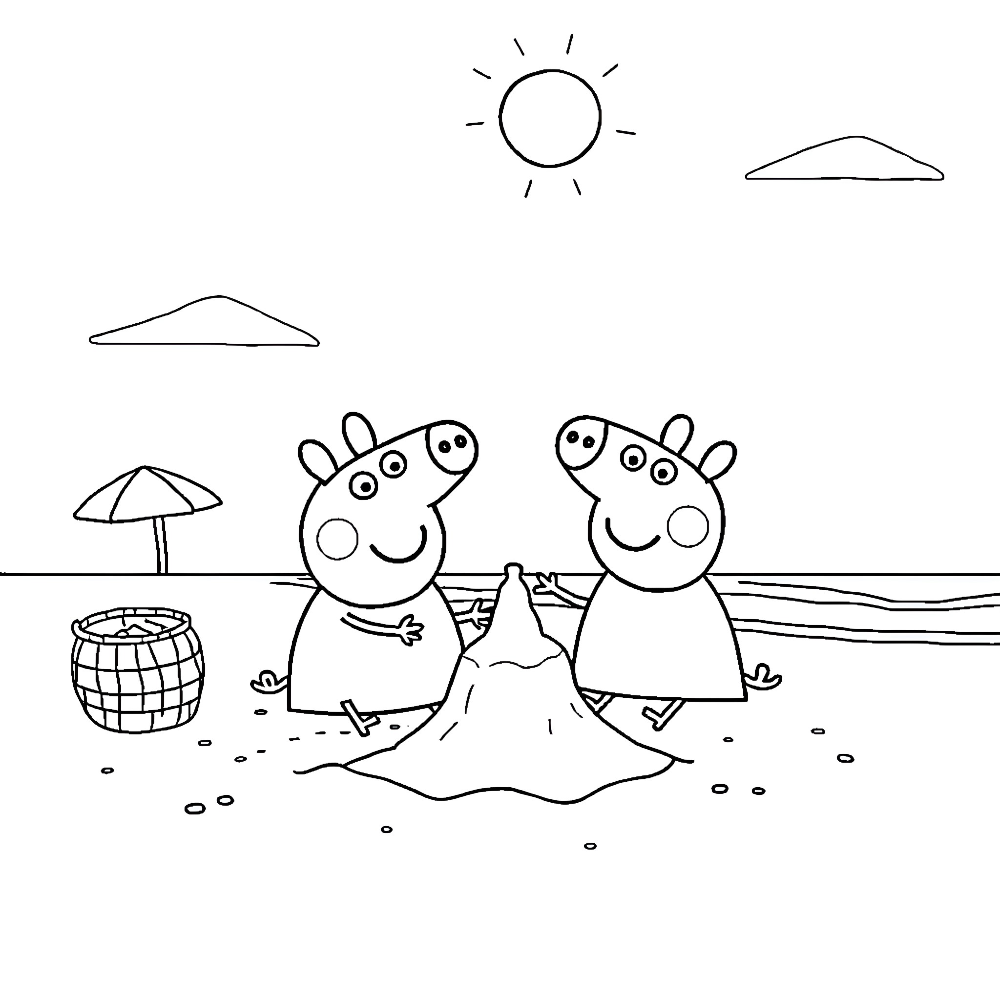 Peppa Pig and friend enjoy beach day activities Coloring Page (free black-and-white line drawing printable PDF for all, from beginners to advanced learners, including children, teens, adults, and seniors)