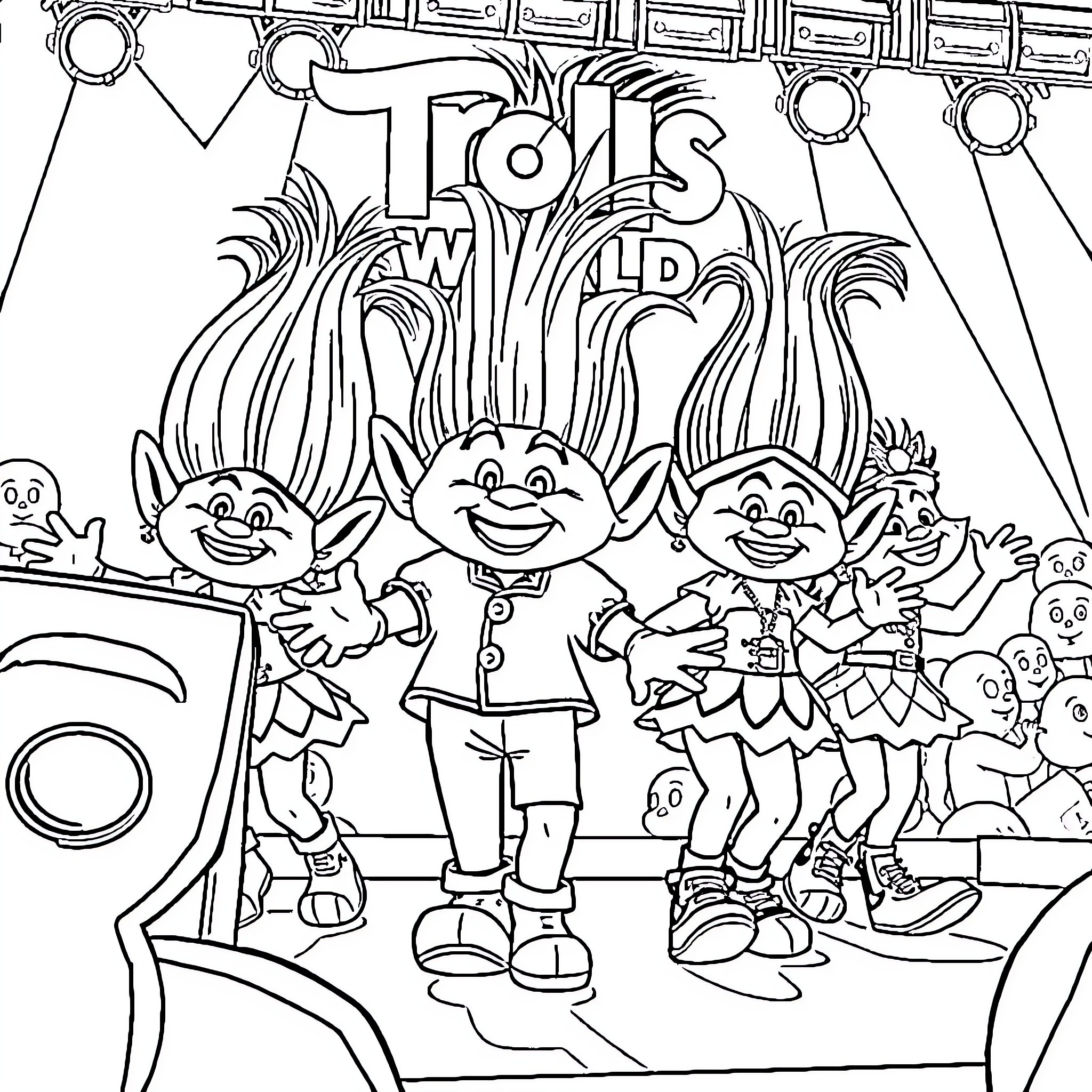 Troll Trolls on Stage Performing Coloring Page (free black-and-white line drawing printable PDF for all, from beginners to advanced learners, including children, teens, adults, and seniors)