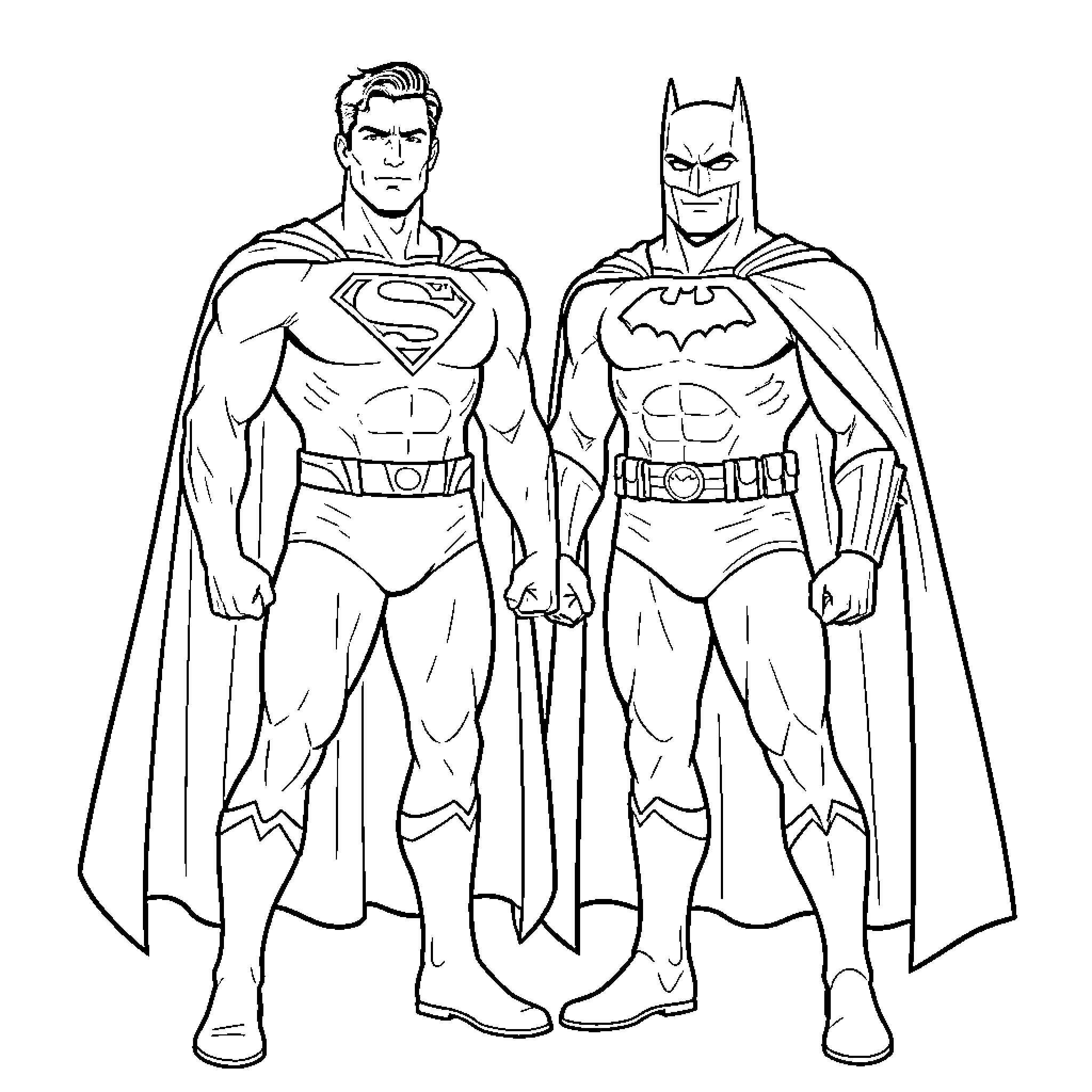 Superman and Batman standing together in heroic poses Coloring Page (free black-and-white line drawing printable PDF for all, from beginners to advanced learners, including children, teens, adults, and seniors)