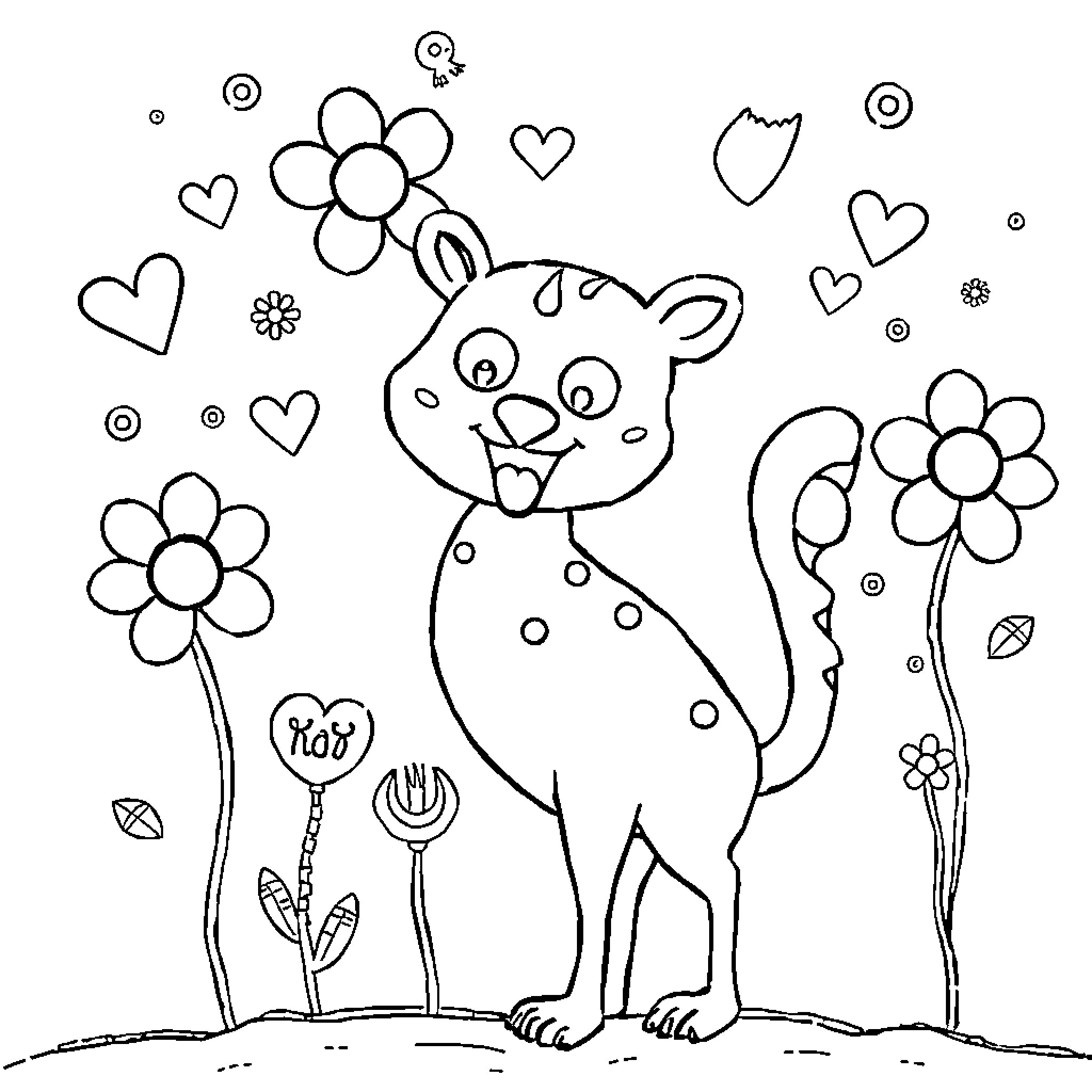 Book of Cute Cartoon Animal and Flowers Coloring Page (free black-and-white line drawing printable PDF for all, from beginners to advanced learners, including children, teens, adults, and seniors)