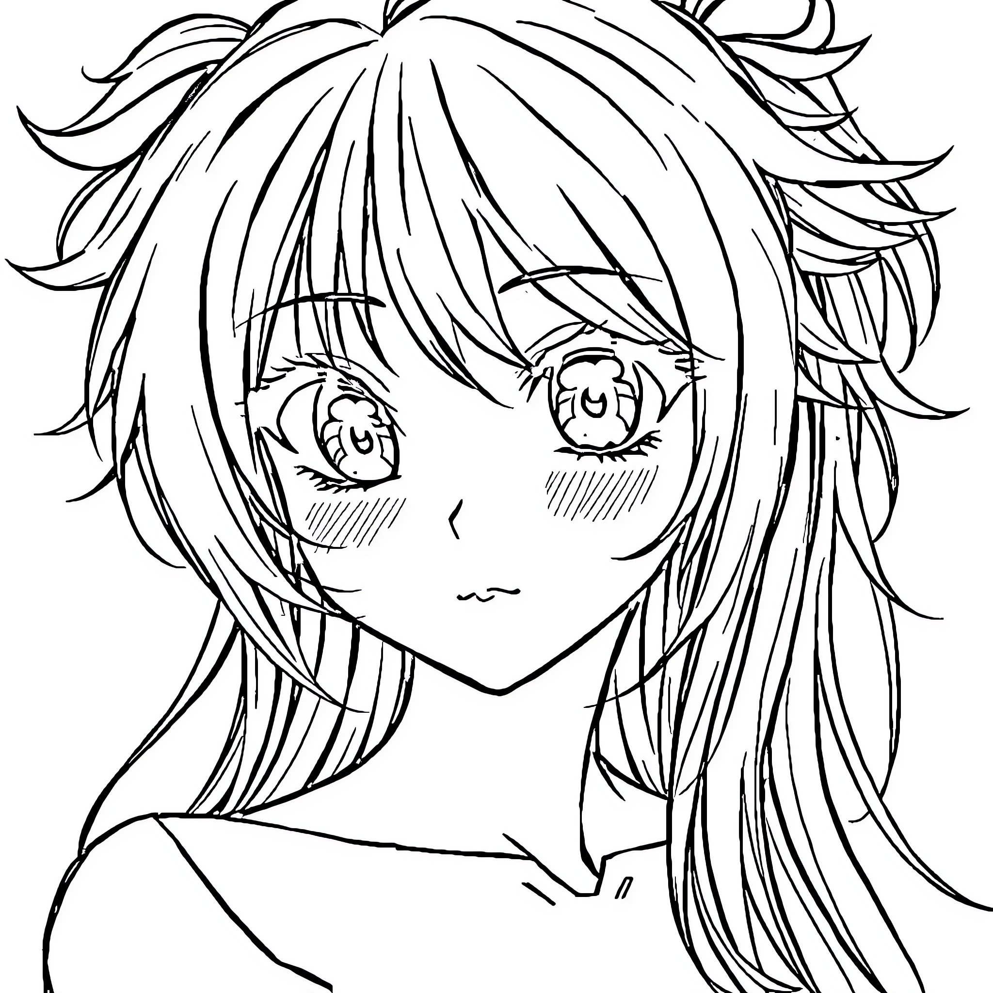 Anime Girl with Expressive Eyes and Flowing Hair Coloring Page (free black-and-white line drawing printable PDF for all, from beginners to advanced learners, including children, teens, adults, and seniors)