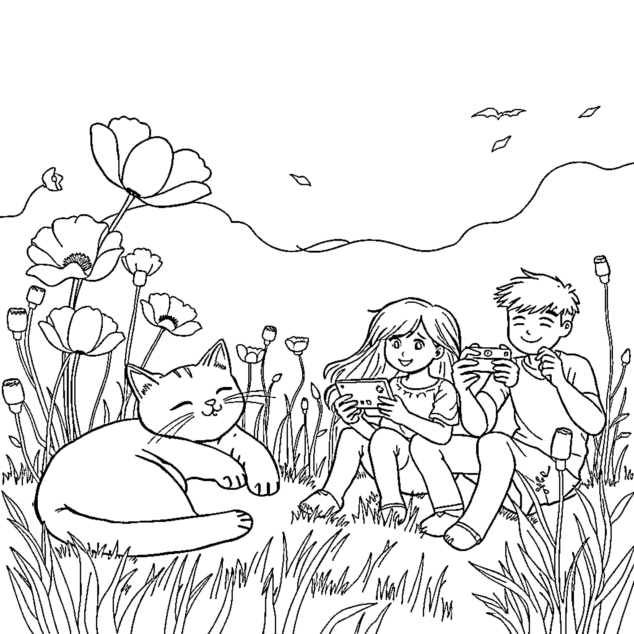 Cat relaxing in a nature scene with children Coloring Page (free black-and-white line drawing printable PDF for all, from beginners to advanced learners, including children, teens, adults, and seniors)