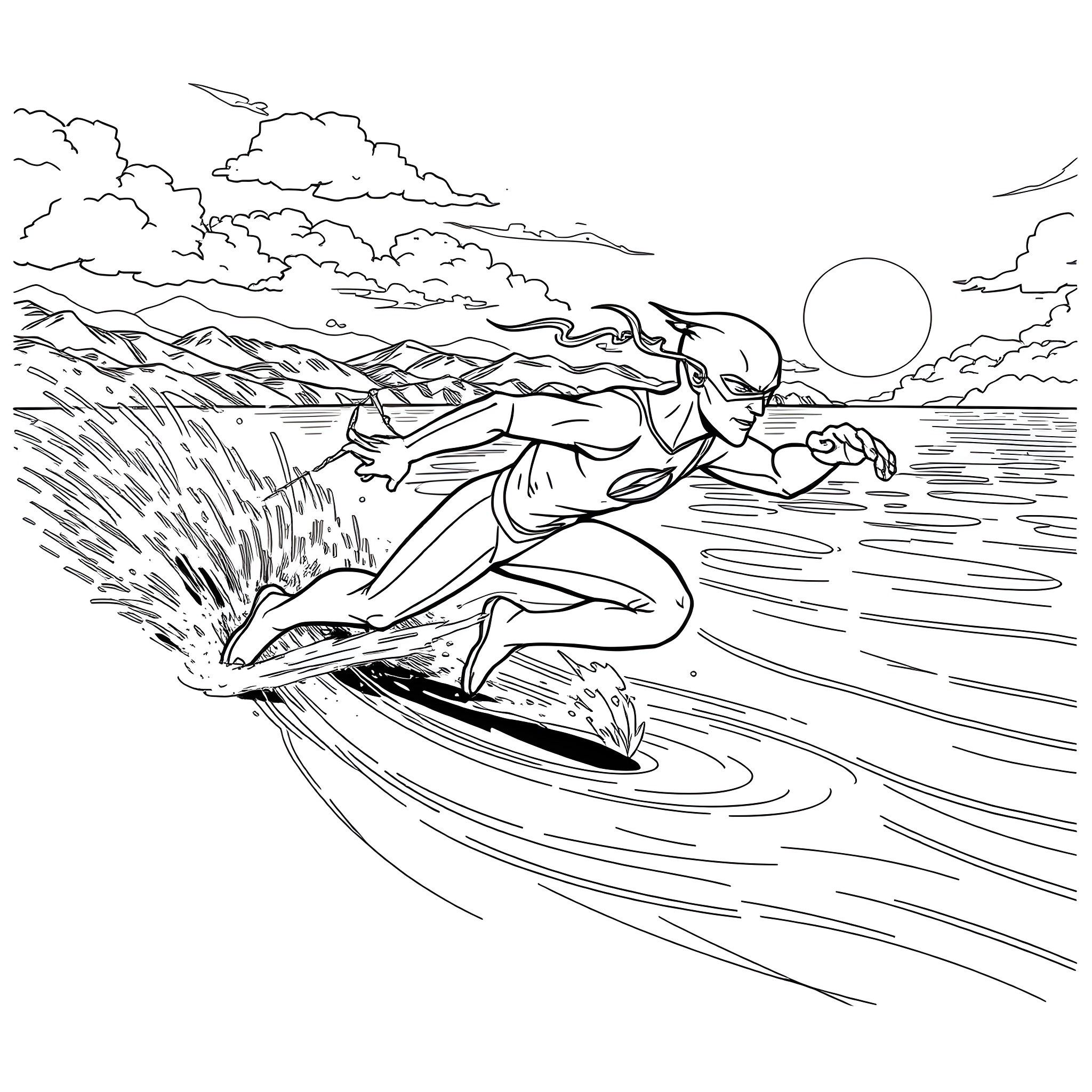 Flash Surfing Through Crashing Waves Coloring Page (free black-and-white line drawing printable PDF for all, from beginners to advanced learners, including children, teens, adults, and seniors)