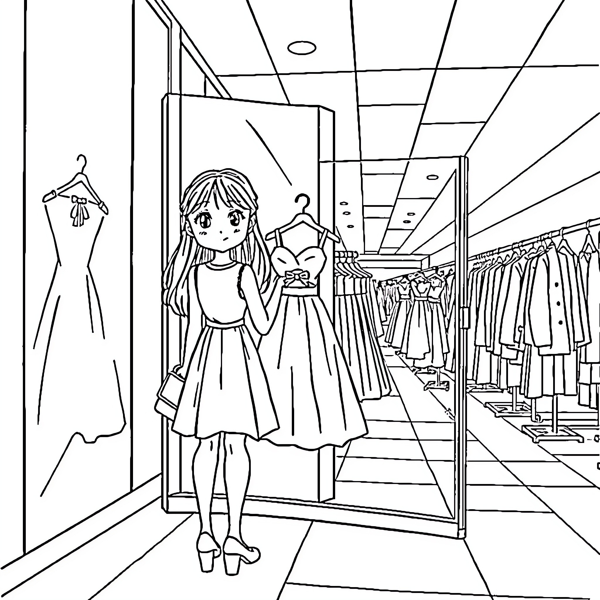 Girl exploring fashion options in clothing store Coloring Page (free black-and-white line drawing printable PDF for all, from beginners to advanced learners, including children, teens, adults, and seniors)