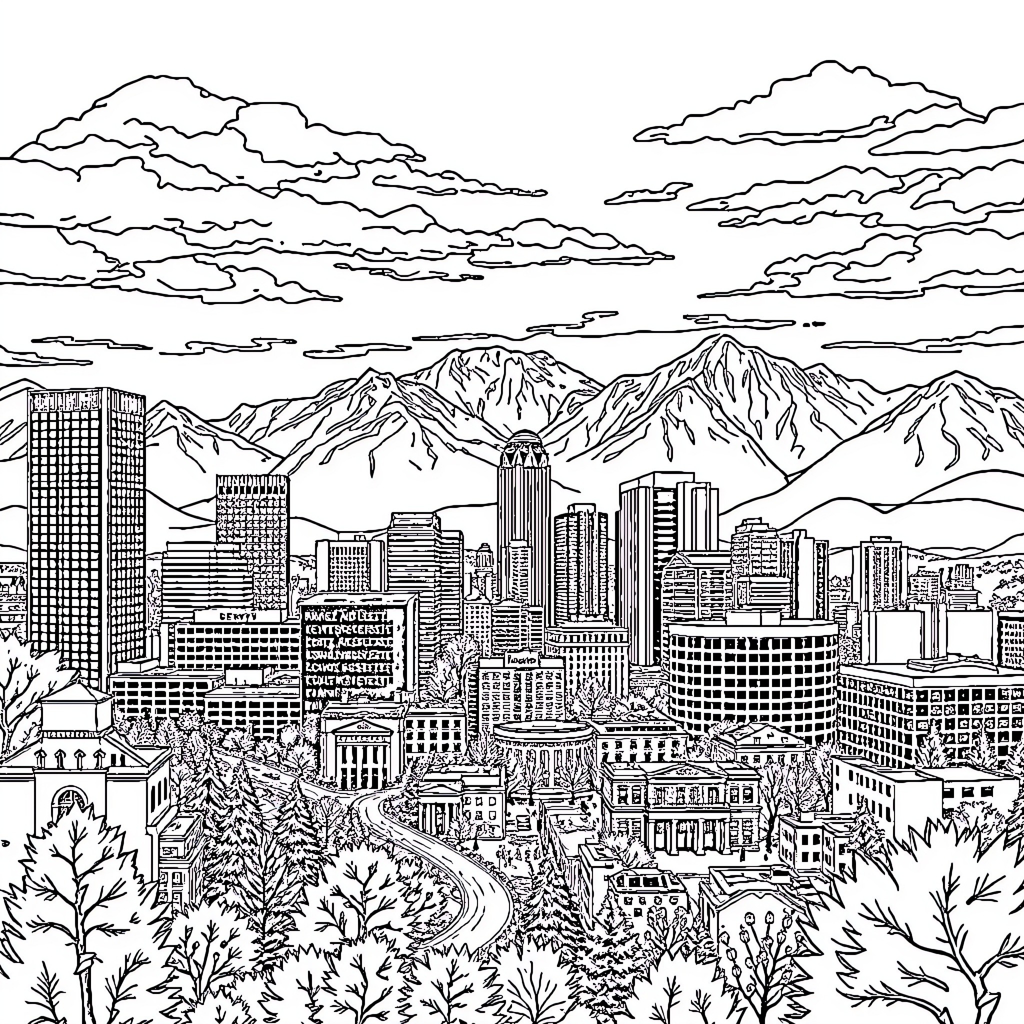 Denver skyline against majestic mountain backdrop Coloring Page (free black-and-white line drawing printable PDF for all, from beginners to advanced learners, including children, teens, adults, and seniors)