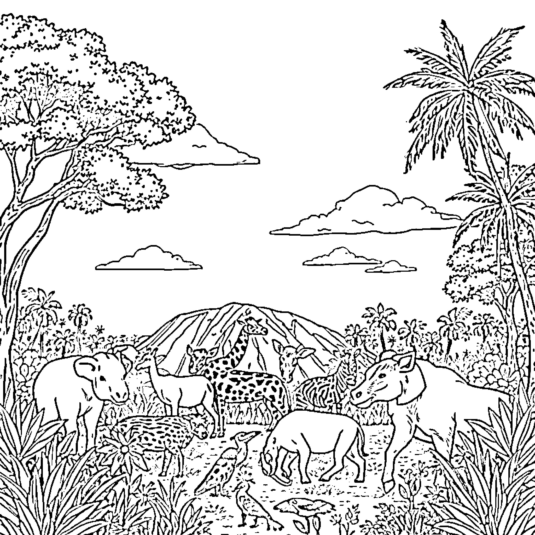Animal Gathering in Tropical Landscape Coloring Page (free black-and-white line drawing printable PDF for all, from beginners to advanced learners, including children, teens, adults, and seniors)