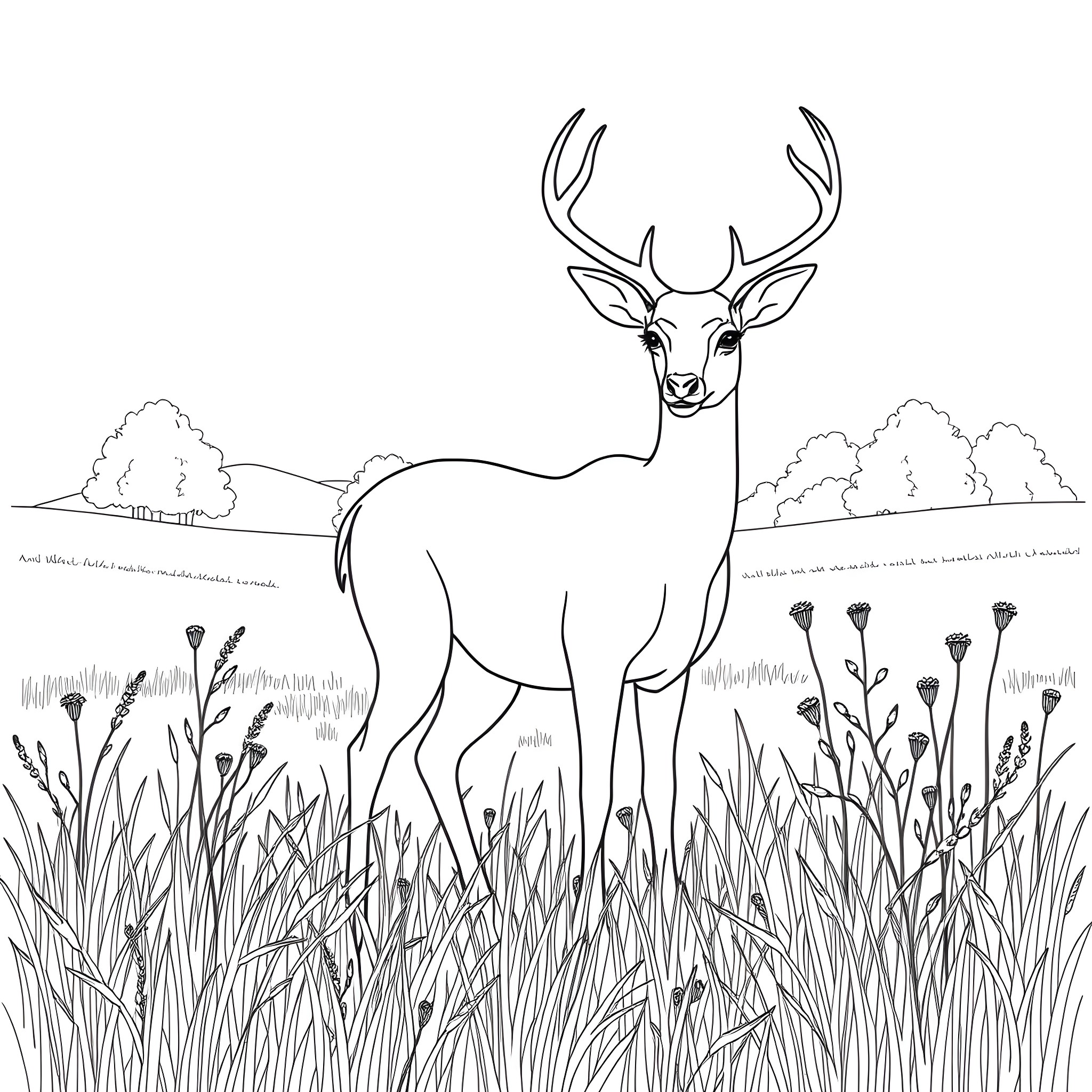 Deer standing in a field with tall grass Coloring Page (free black-and-white line drawing printable PDF for all, from beginners to advanced learners, including children, teens, adults, and seniors)