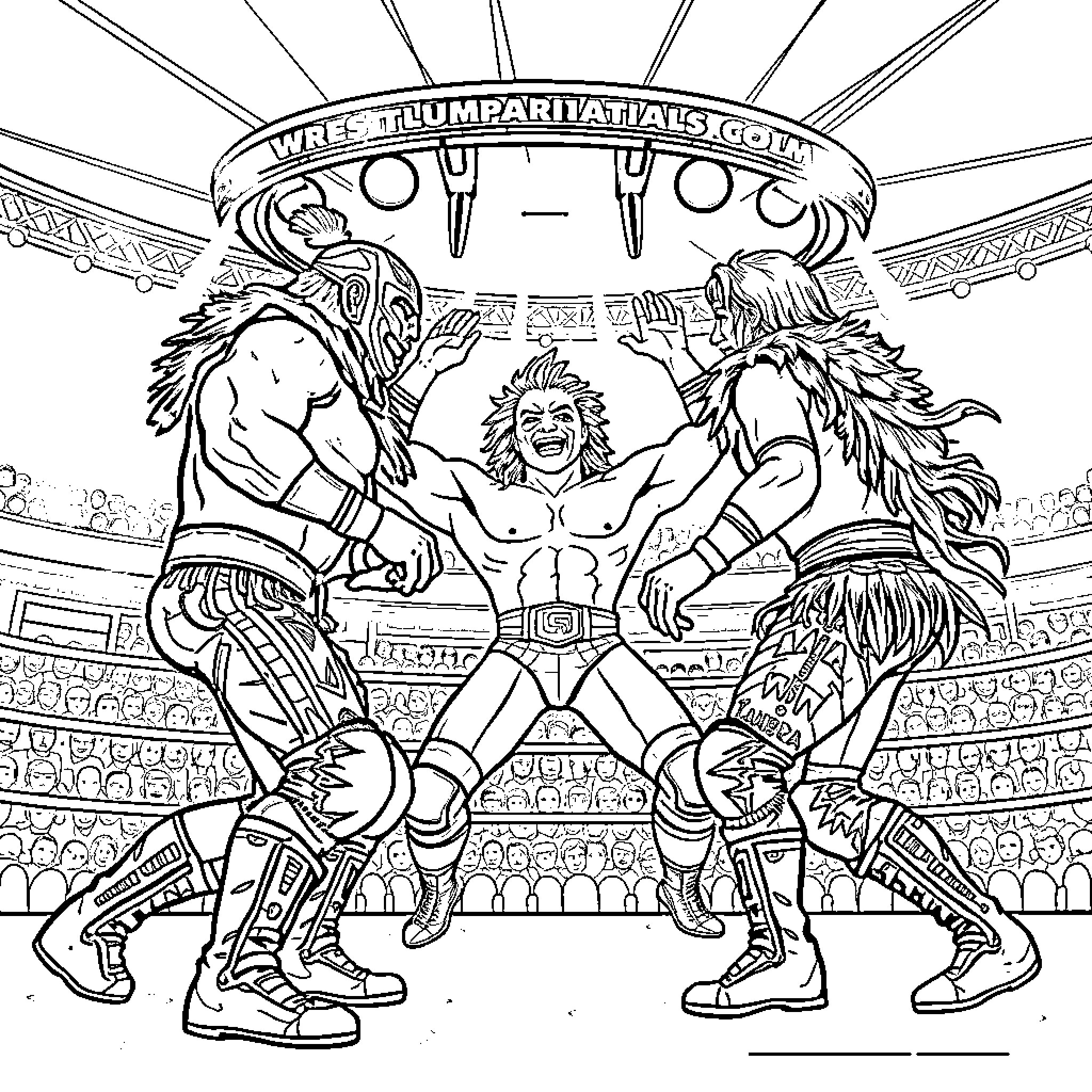 Wrestling Performers Showcasing Competitive Showdown Coloring Page (free black-and-white line drawing printable PDF for all, from beginners to advanced learners, including children, teens, adults, and seniors)