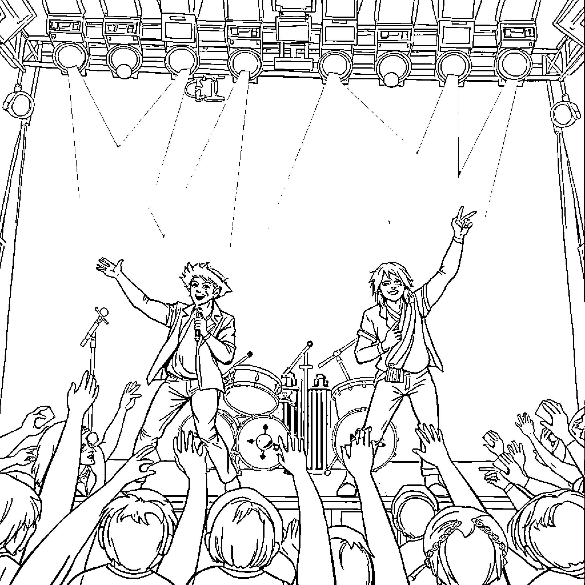 RBD Musicians Performing Energetically on Stage Coloring Page (free black-and-white line drawing printable PDF for all, from beginners to advanced learners, including children, teens, adults, and seniors)