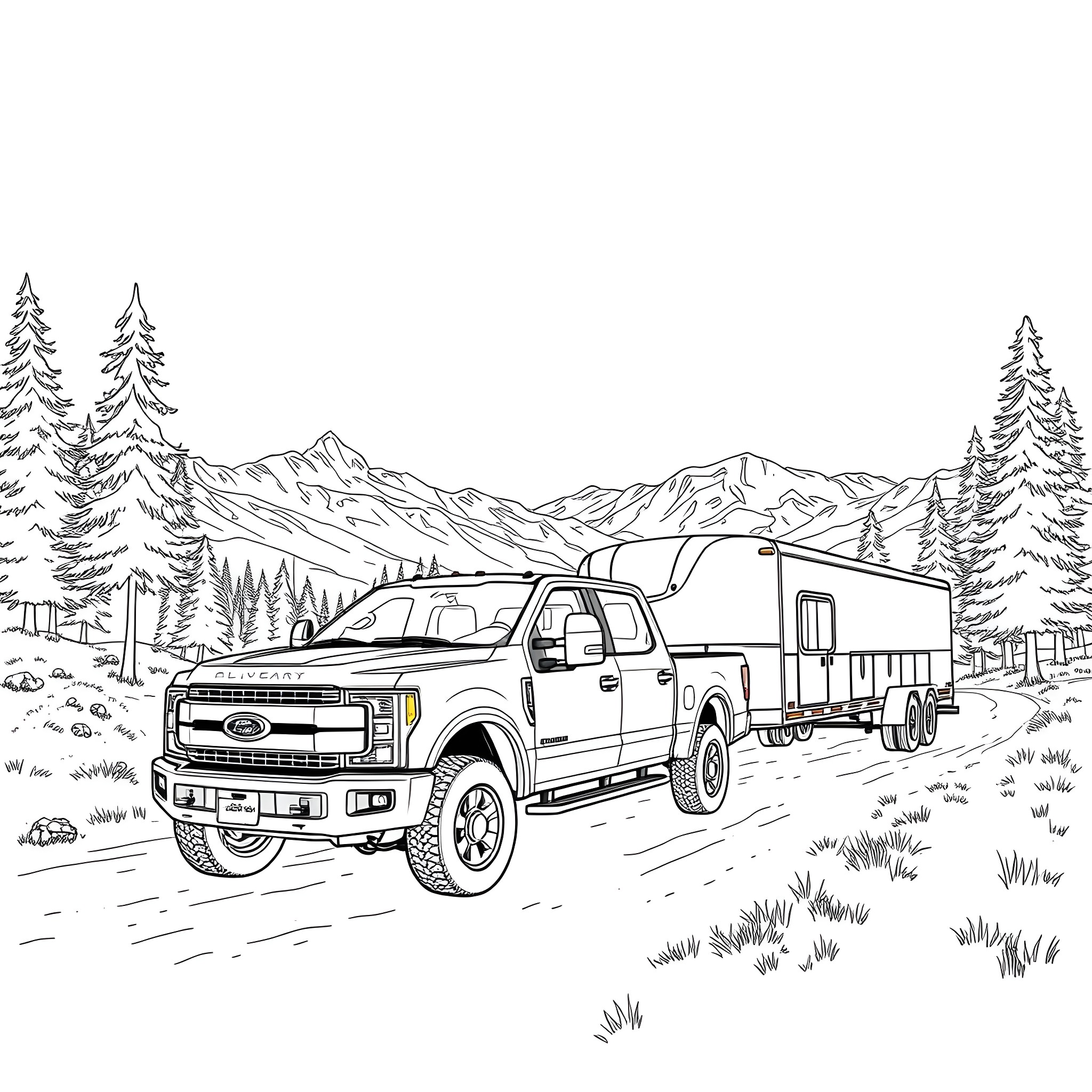 Pickup truck towing camper trailer in mountain landscape Coloring Page (free black-and-white line drawing printable PDF for all, from beginners to advanced learners, including children, teens, adults, and seniors)