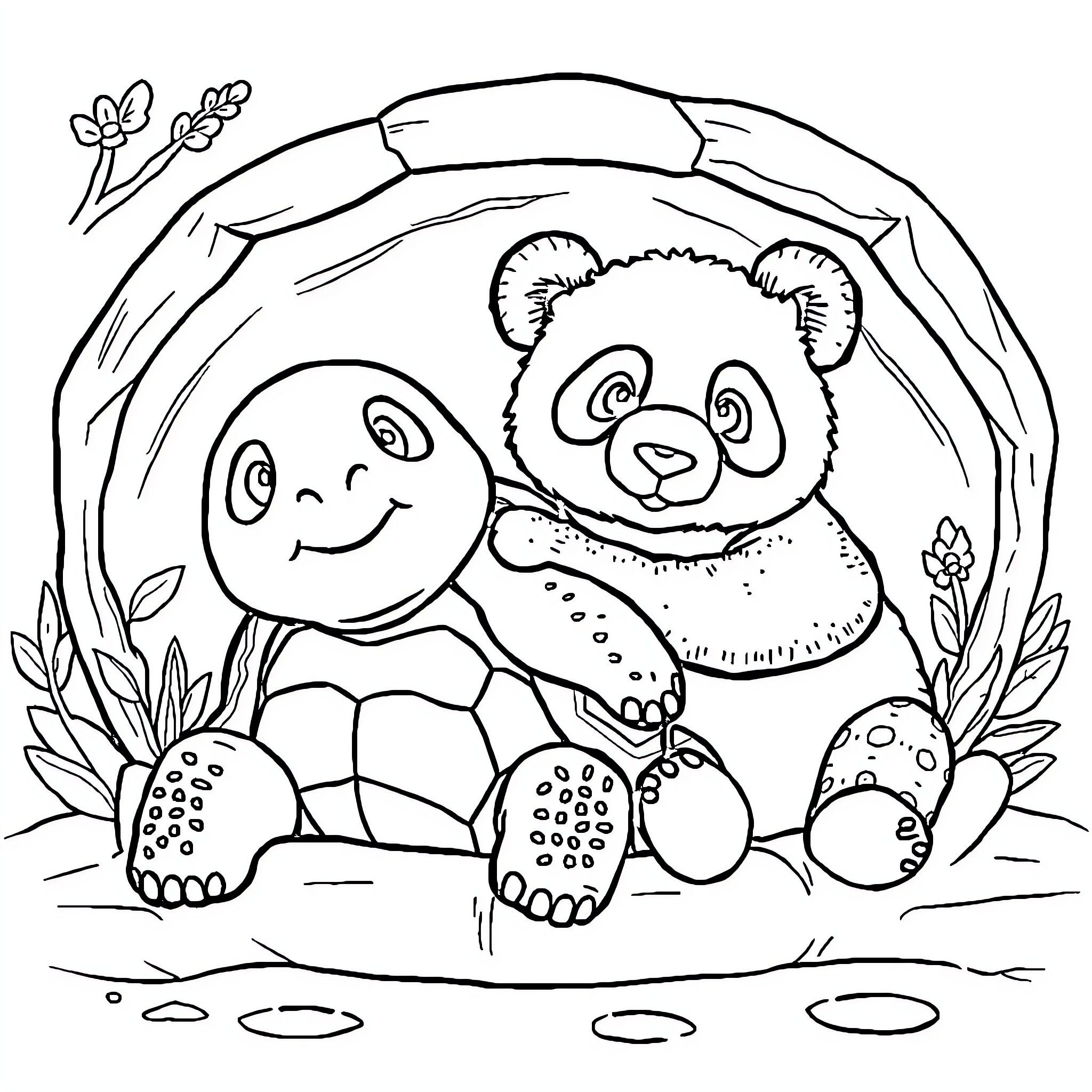 Turtle and Panda Enjoying Nature Together Coloring Page (free black-and-white line drawing printable PDF for all, from beginners to advanced learners, including children, teens, adults, and seniors)