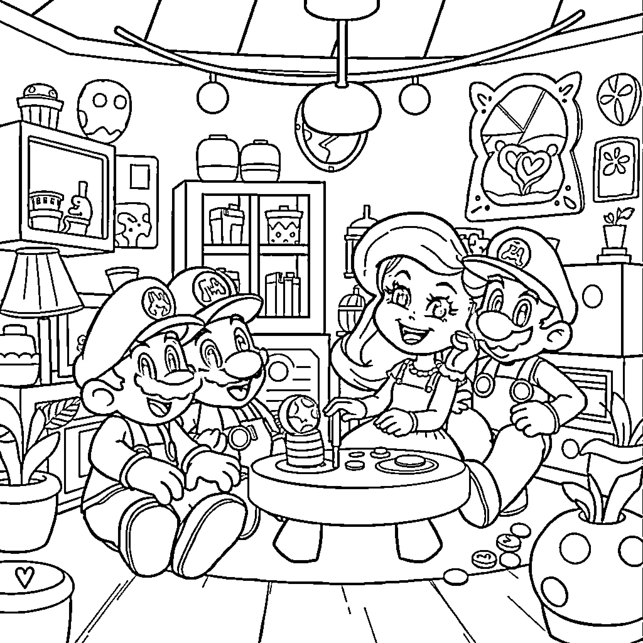 Gabby's Colorful Fun with Mario and Friends Coloring Page (free black-and-white line drawing printable PDF for all, from beginners to advanced learners, including children, teens, adults, and seniors)