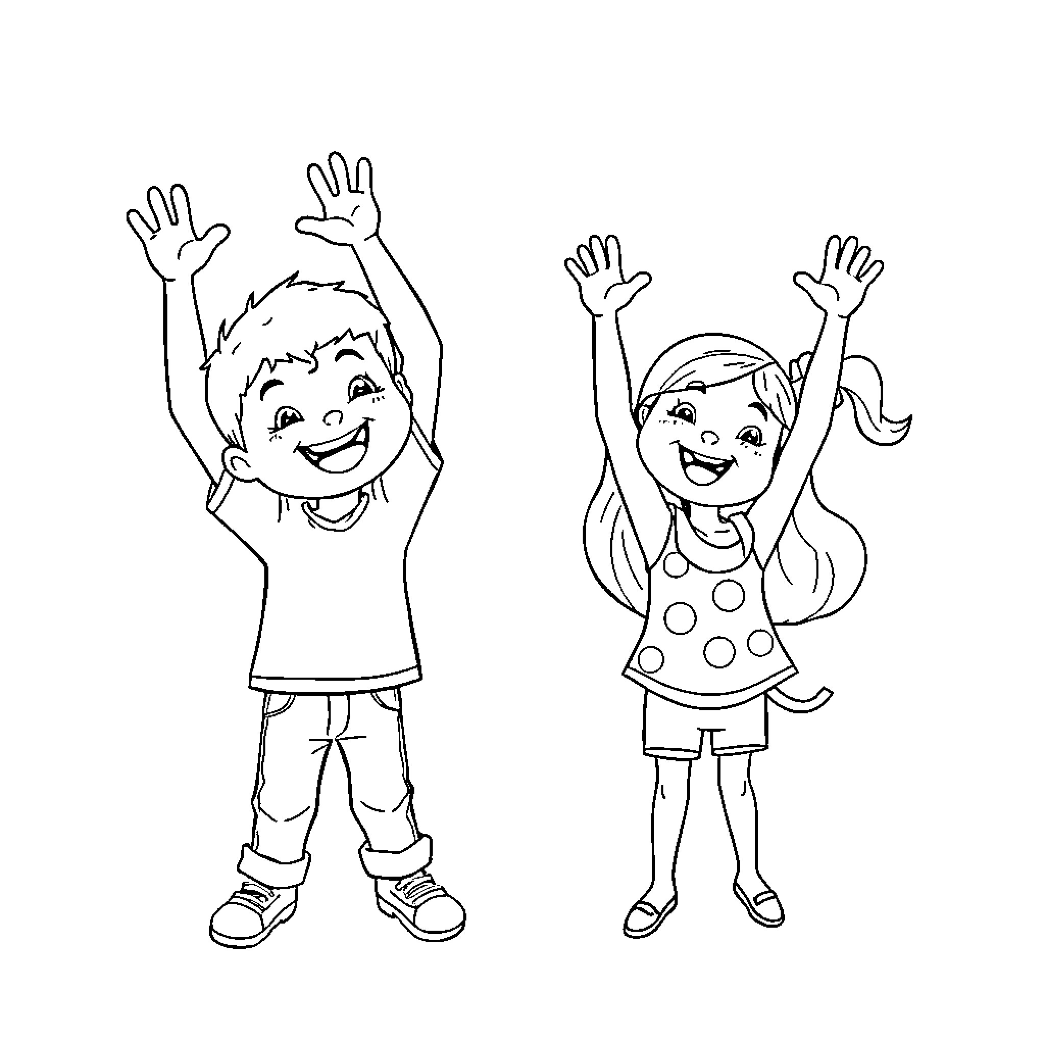 Niño and Niña joyfully expressing enthusiasm Coloring Page (free black-and-white line drawing printable PDF for all, from beginners to advanced learners, including children, teens, adults, and seniors)
