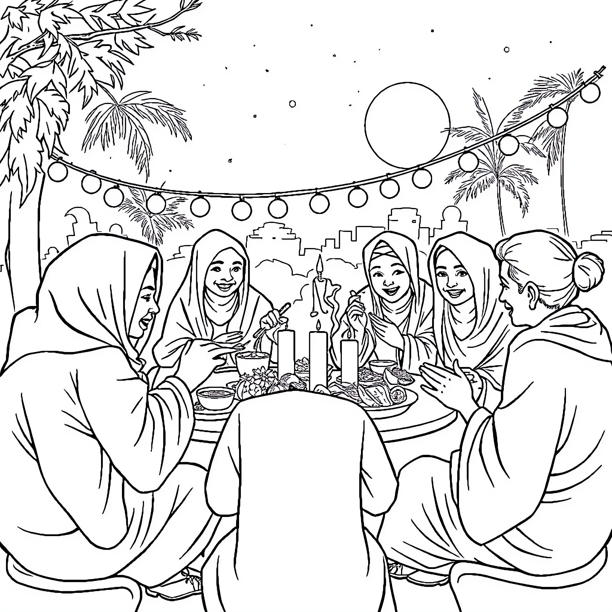 Tuntun's Celebratory Gathering in the Moonlit Garden Coloring Page (free black-and-white line drawing printable PDF for all, from beginners to advanced learners, including children, teens, adults, and seniors)