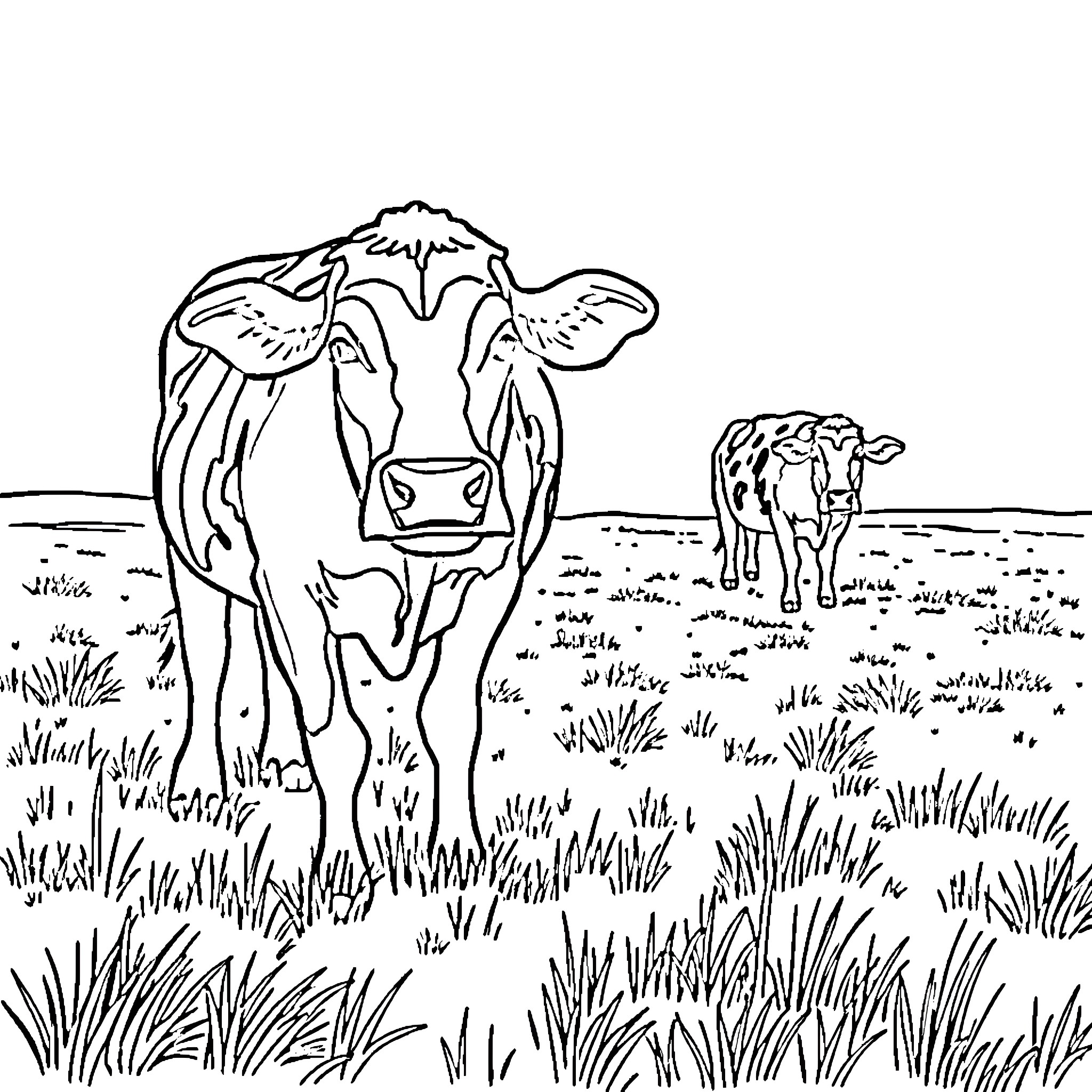 Cow grazing peacefully in the field Coloring Page (free black-and-white line drawing printable PDF for all, from beginners to advanced learners, including children, teens, adults, and seniors)