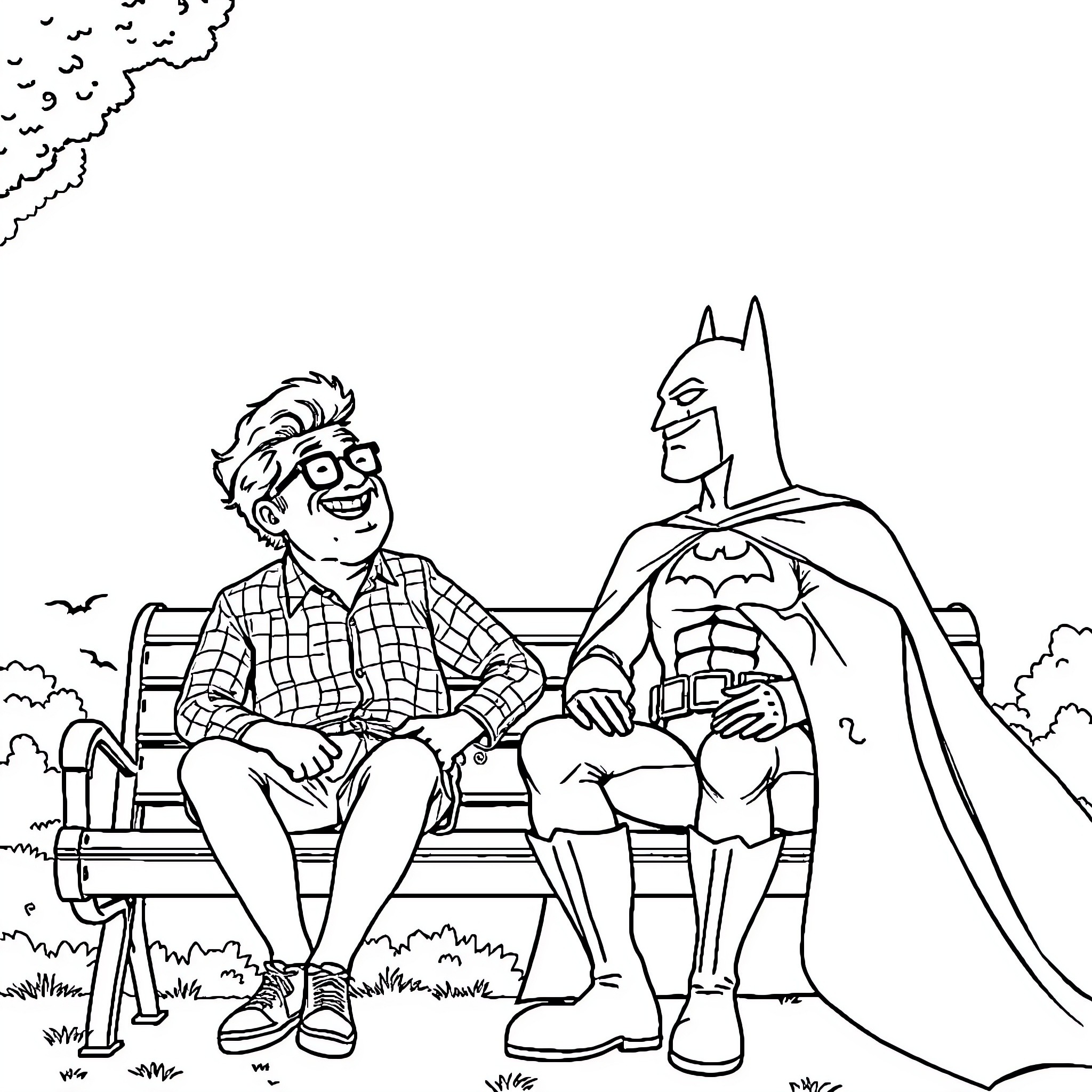 Weird Al and Batman: An Unlikely Park Encounter Coloring Page (free black-and-white line drawing printable PDF for all, from beginners to advanced learners, including children, teens, adults, and seniors)
