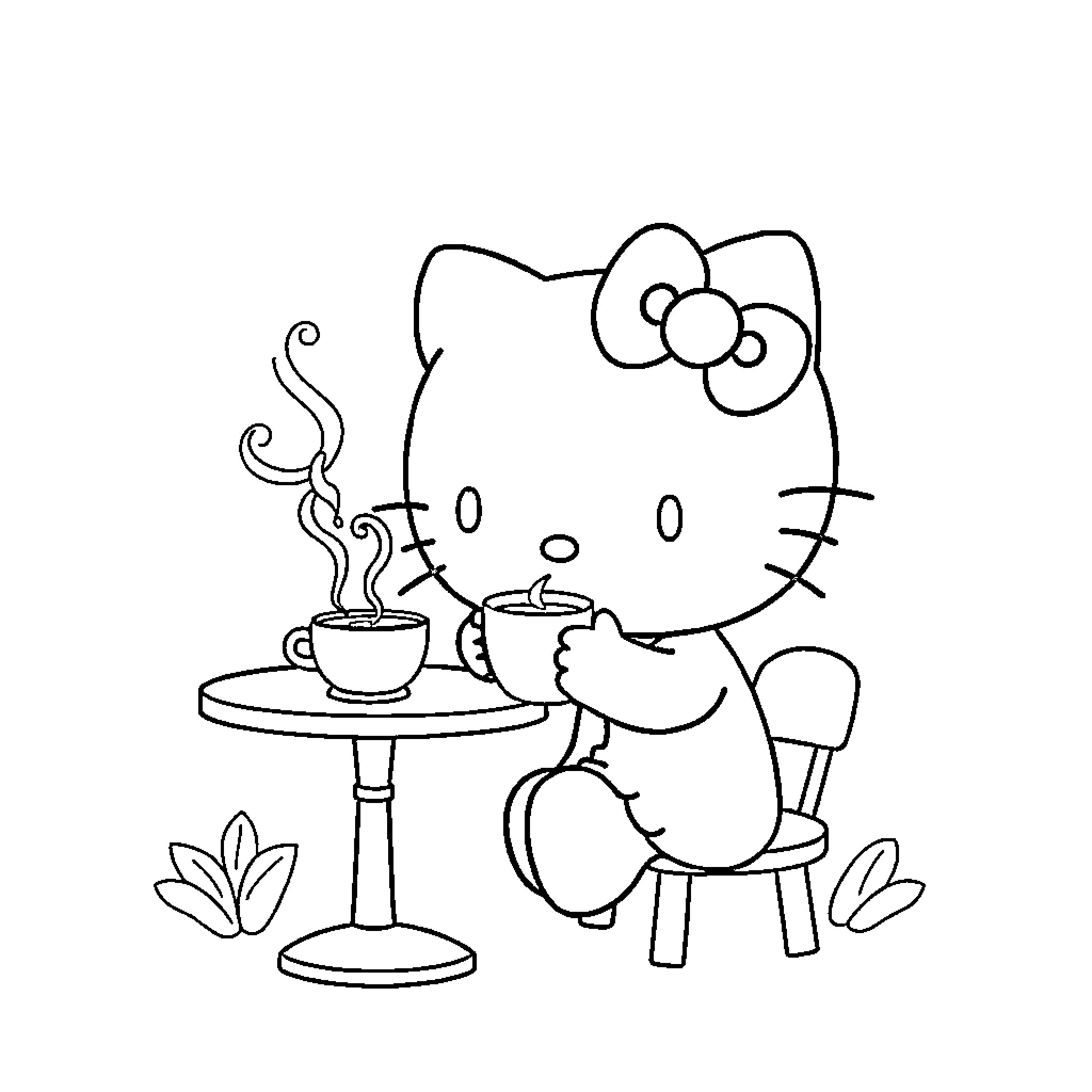 Hello Kitty enjoying a cozy tea party Coloring Page (free black-and-white line drawing printable PDF for all, from beginners to advanced learners, including children, teens, adults, and seniors)