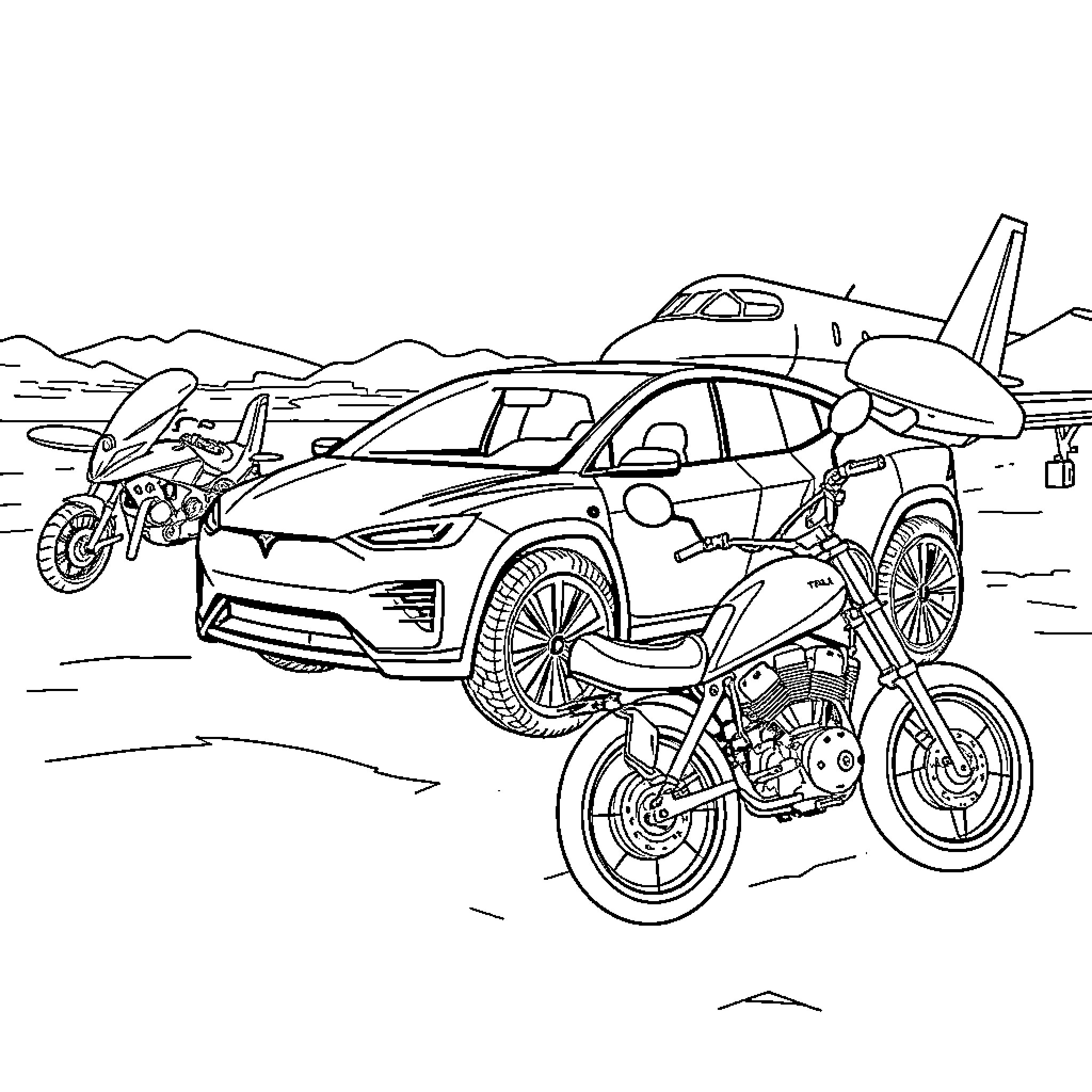 Tesla Vehicles and Motorcycles in Outdoor Scene Coloring Page (free black-and-white line drawing printable PDF for all, from beginners to advanced learners, including children, teens, adults, and seniors)