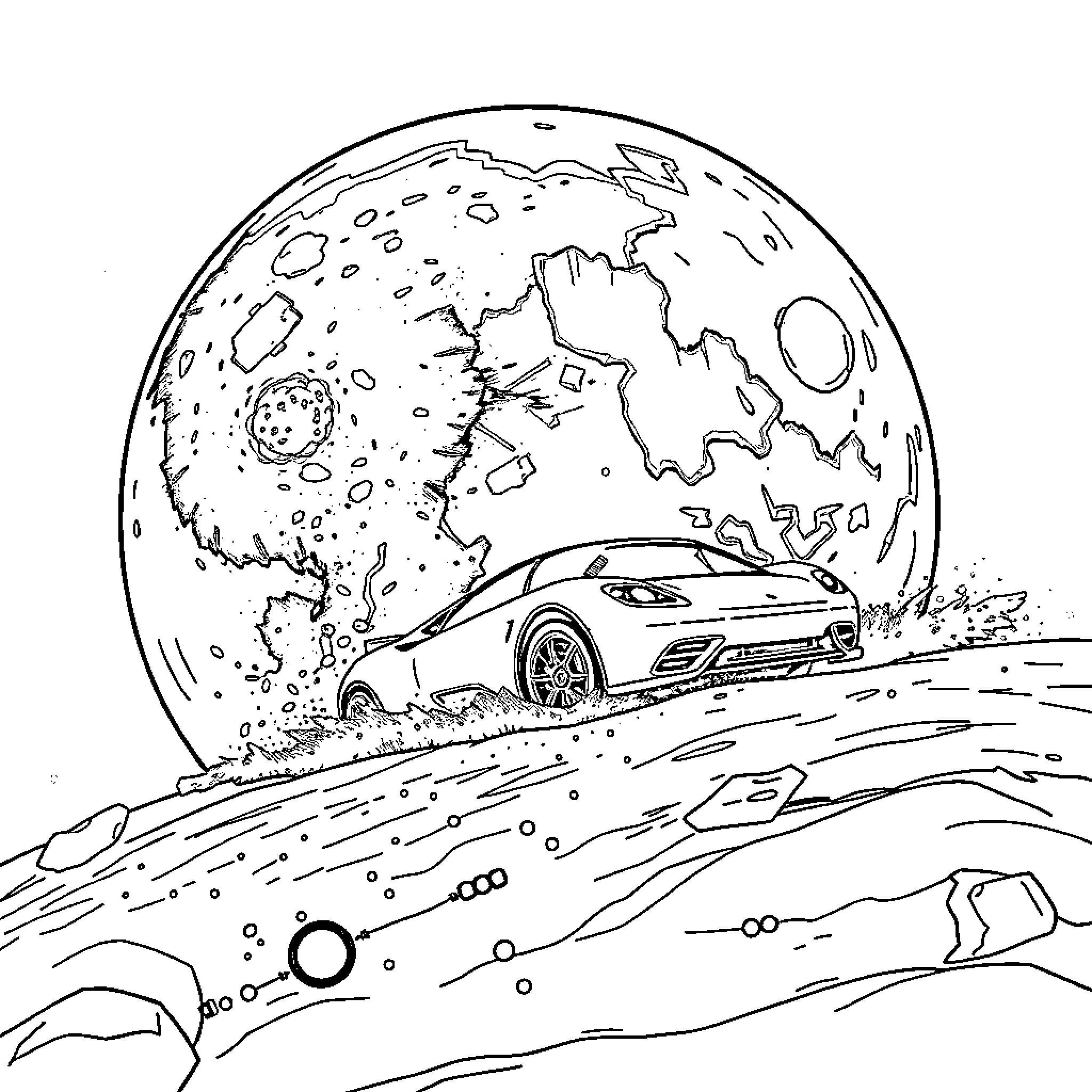 Car racing on cosmic road against moonscape Coloring Page (free black-and-white line drawing printable PDF for all, from beginners to advanced learners, including children, teens, adults, and seniors)
