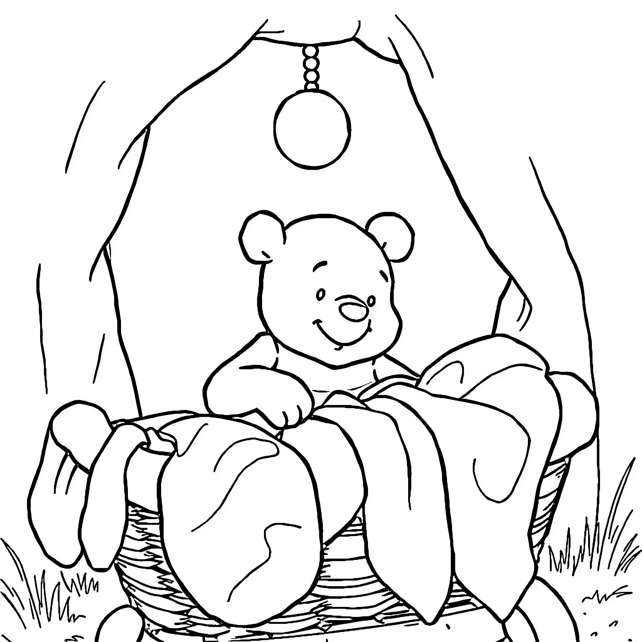 Winnie The Pooh resting peacefully in the woods Coloring Page (free black-and-white line drawing printable PDF for all, from beginners to advanced learners, including children, teens, adults, and seniors)