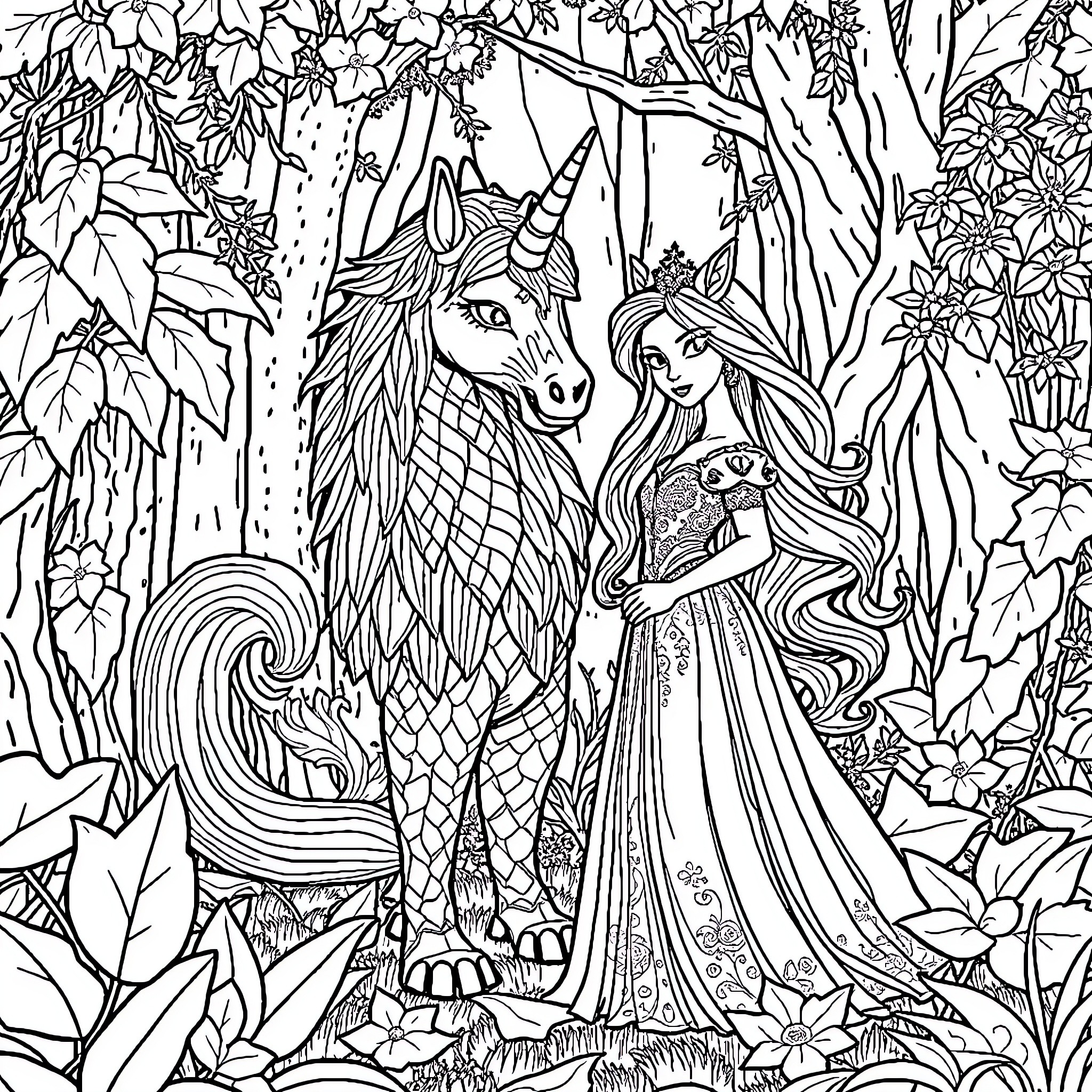 Unicorn and princess in enchanted forest Coloring Page (free black-and-white line drawing printable PDF for all, from beginners to advanced learners, including children, teens, adults, and seniors)