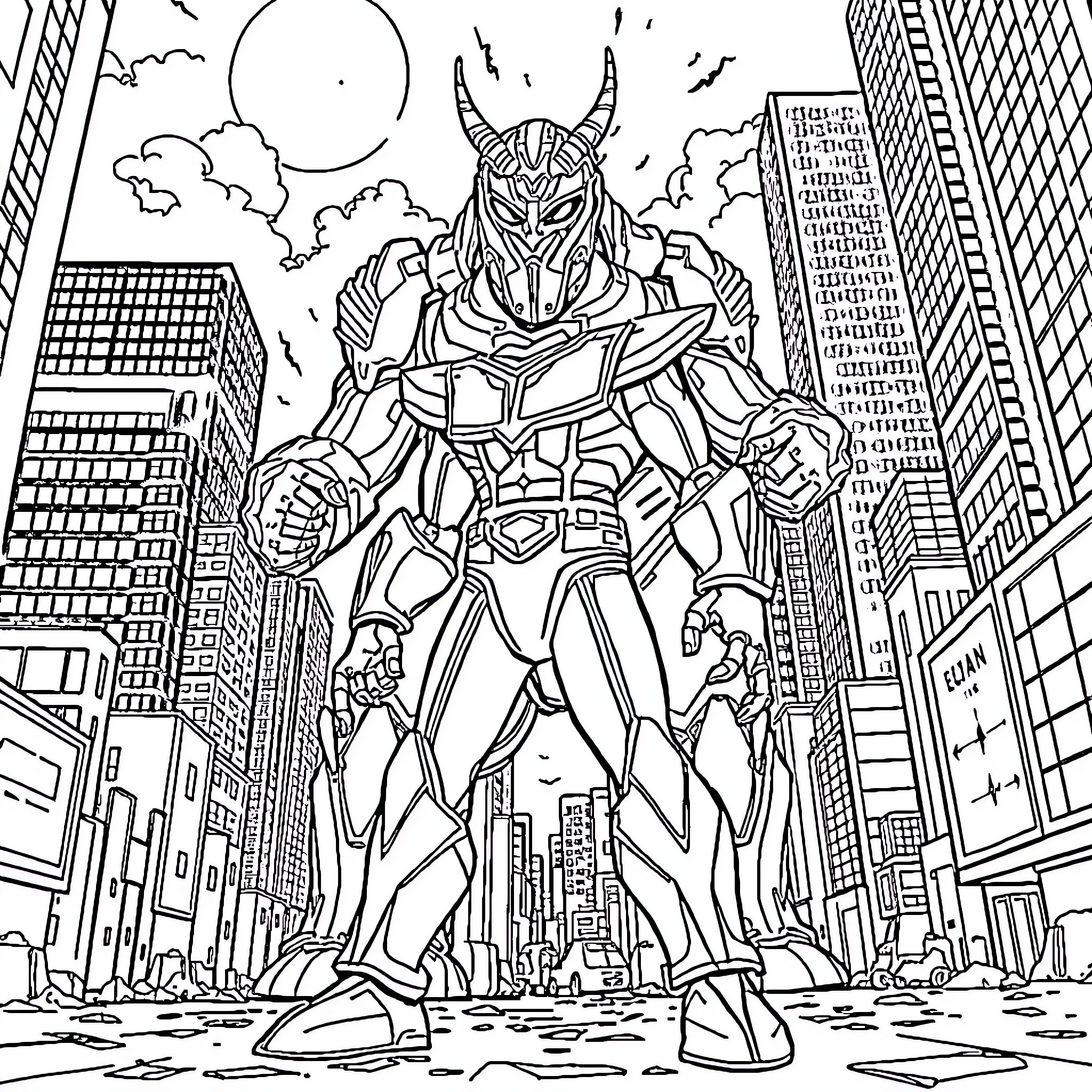 Ultraman Heroically Stands Tall in the City Skyline Coloring Page (free black-and-white line drawing printable PDF for all, from beginners to advanced learners, including children, teens, adults, and seniors)