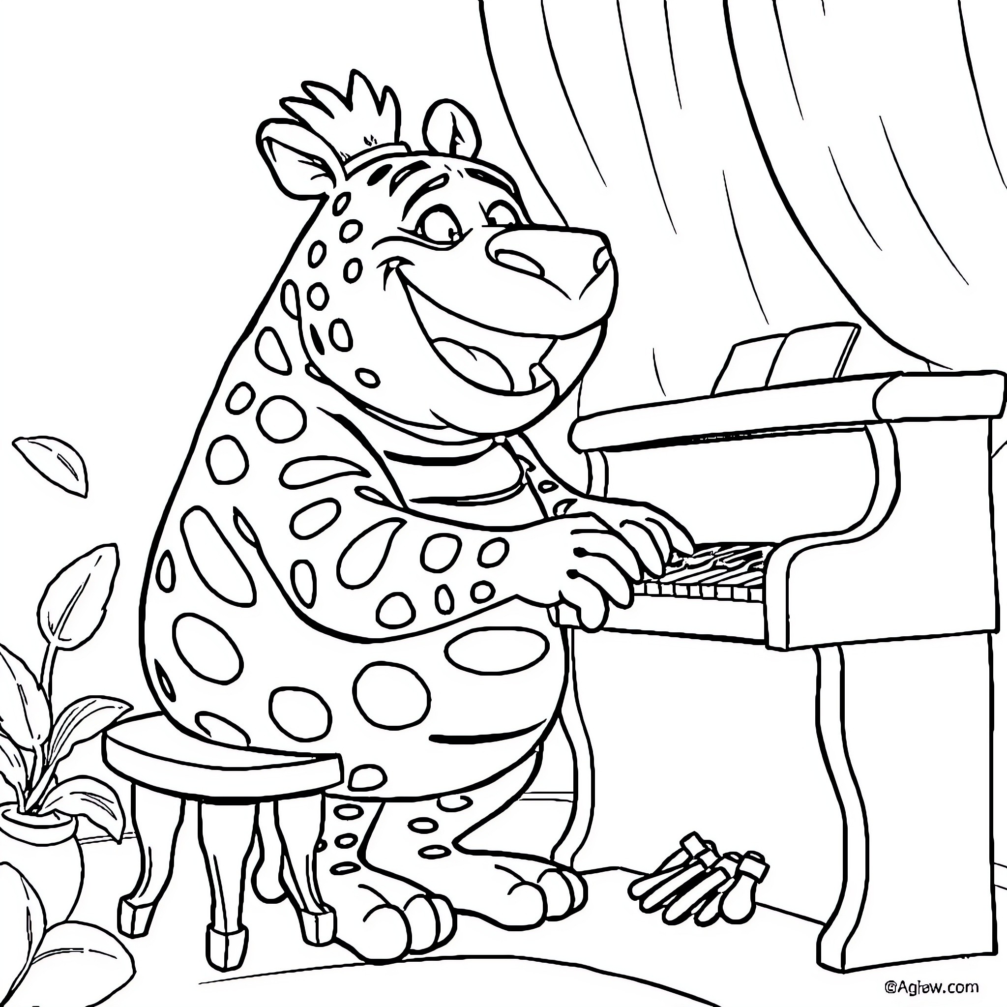 Pumba playing cheerfully on the piano Coloring Page (free black-and-white line drawing printable PDF for all, from beginners to advanced learners, including children, teens, adults, and seniors)