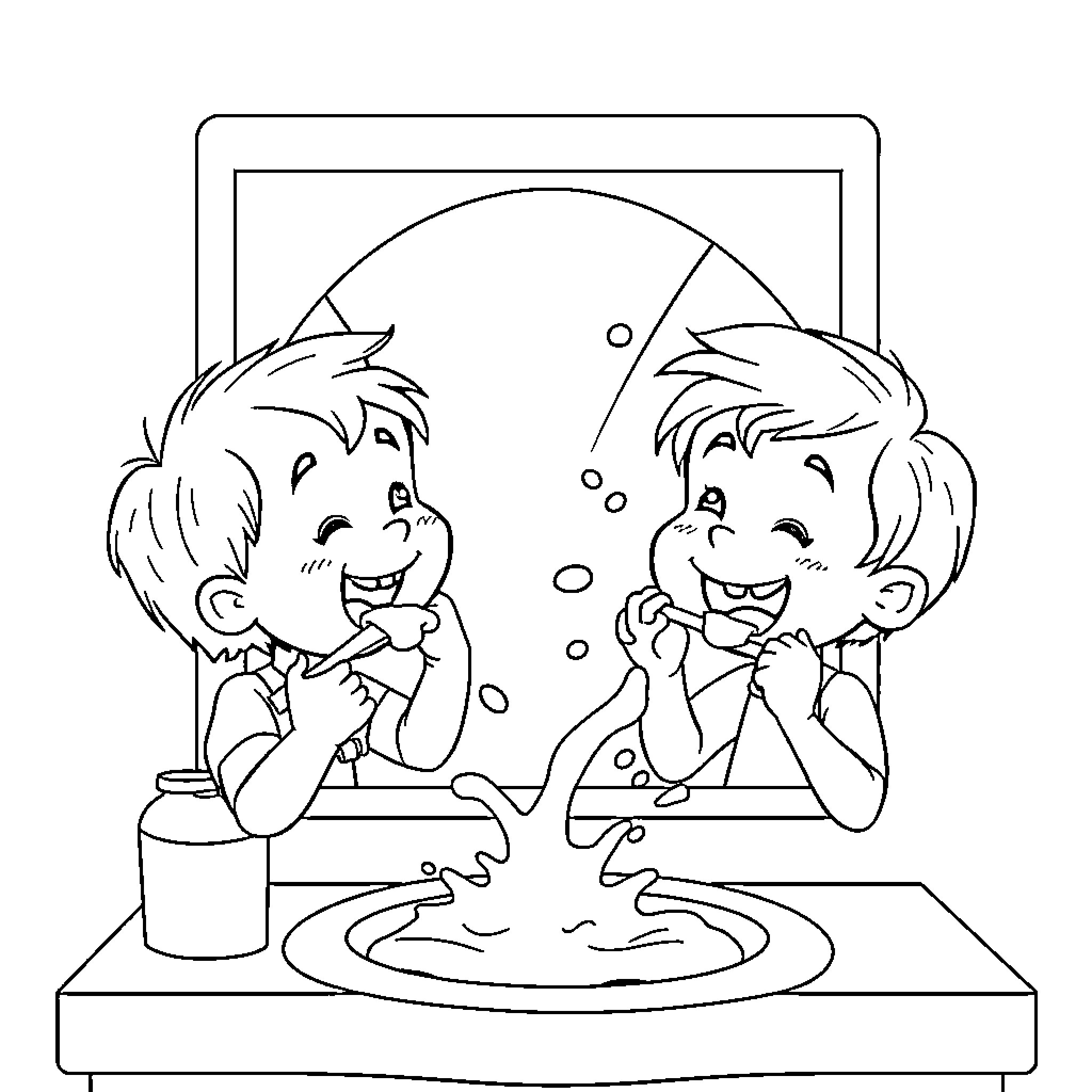 Kids enjoying bubbles in a whimsical scene Coloring Page (free black-and-white line drawing printable PDF for all, from beginners to advanced learners, including children, teens, adults, and seniors)