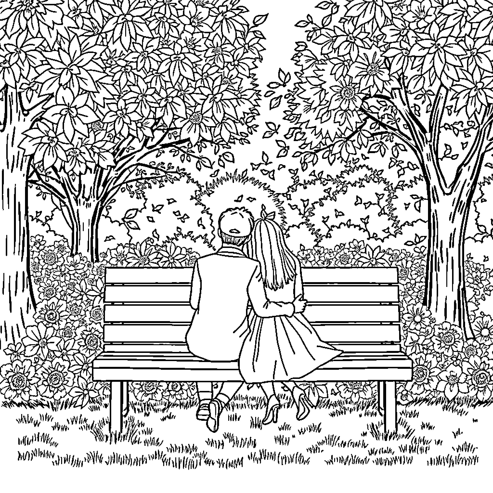 Couple enjoying a tranquil moment in nature Coloring Page (free black-and-white line drawing printable PDF for all, from beginners to advanced learners, including children, teens, adults, and seniors)