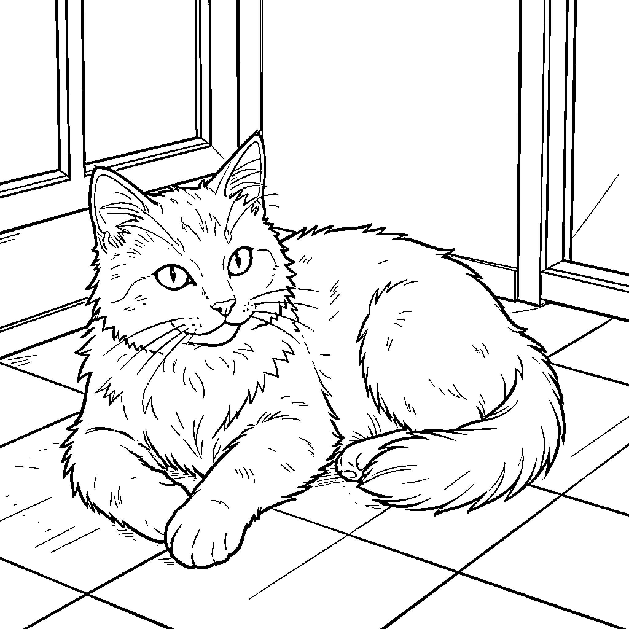 Cat relaxing by the window Coloring Page (free black-and-white line drawing printable PDF for all, from beginners to advanced learners, including children, teens, adults, and seniors)