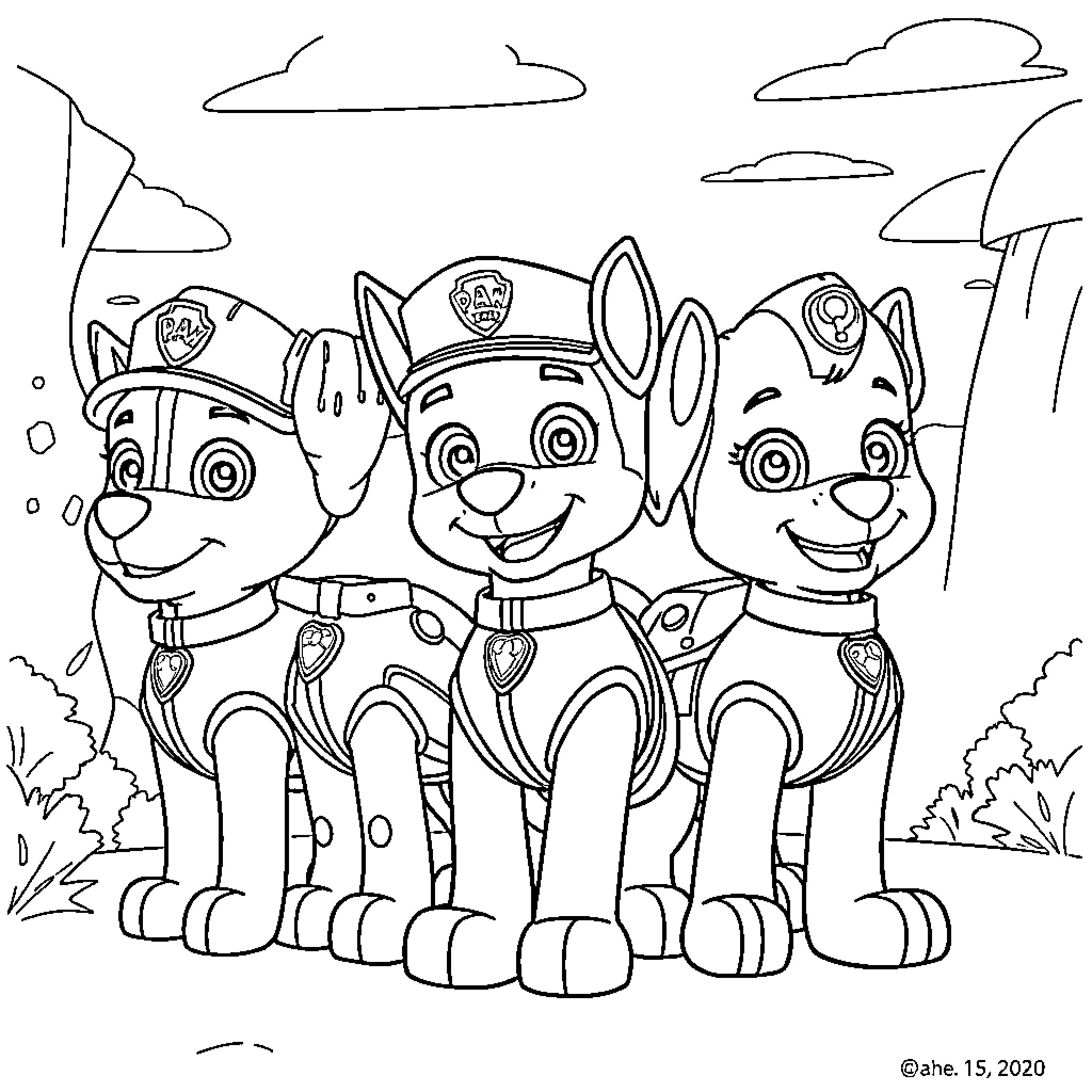 Paw Patrol pups in action poses Coloring Page (free black-and-white line drawing printable PDF for all, from beginners to advanced learners, including children, teens, adults, and seniors)