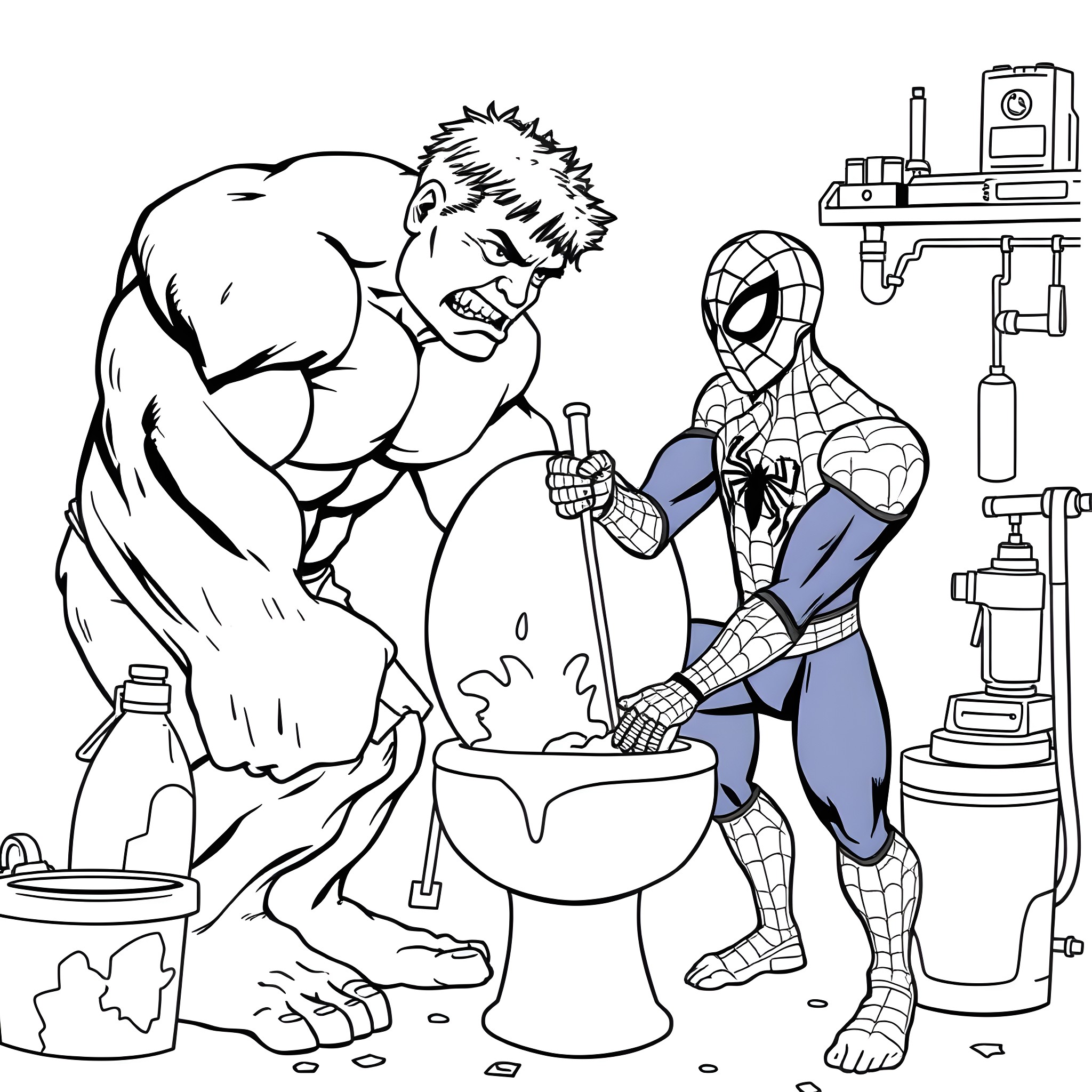 Hulk battling with Spider-Man in a construction site Coloring Page (free black-and-white line drawing printable PDF for all, from beginners to advanced learners, including children, teens, adults, and seniors)