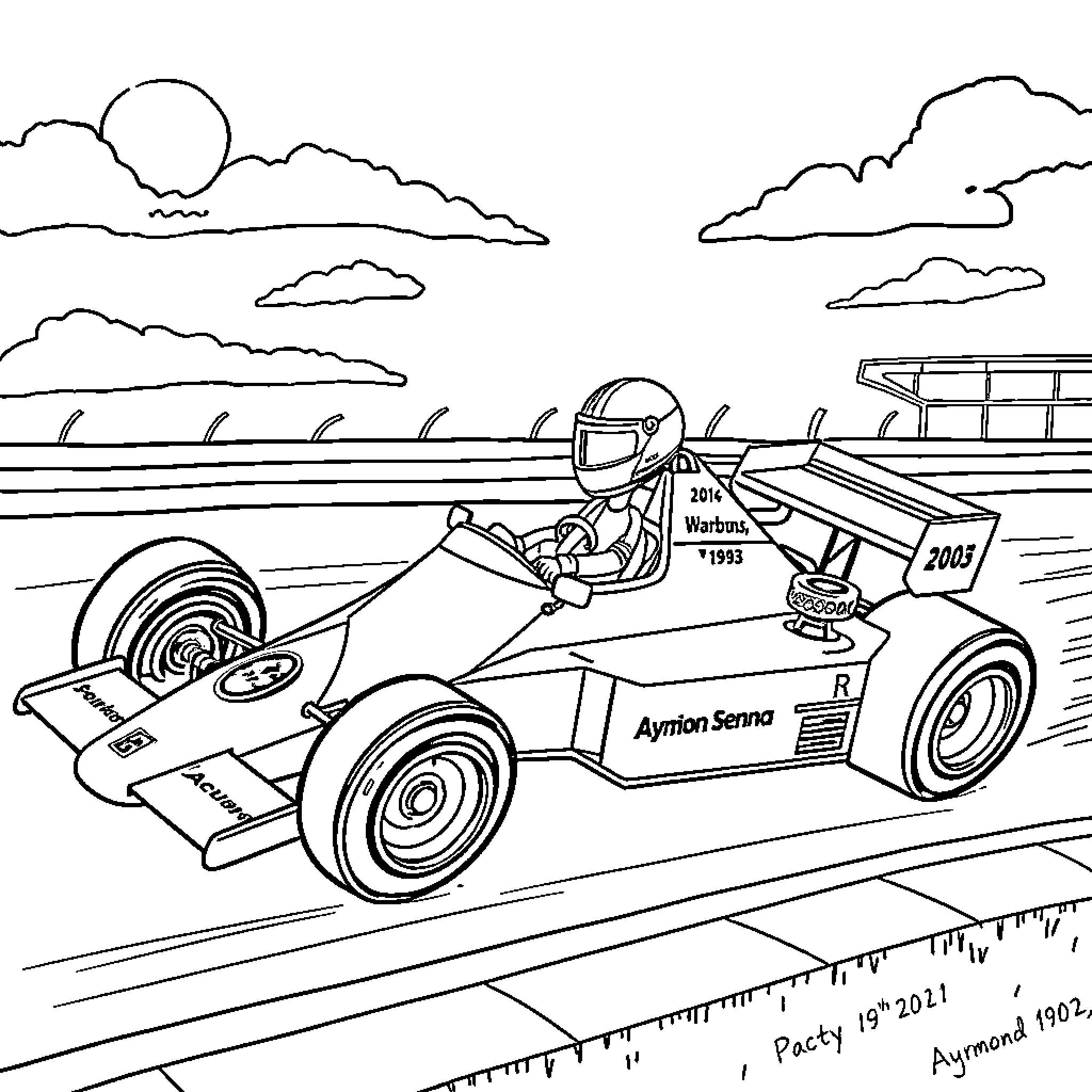 Ayrton Senna's Formula One racing car on the track Coloring Page (free black-and-white line drawing printable PDF for all, from beginners to advanced learners, including children, teens, adults, and seniors)