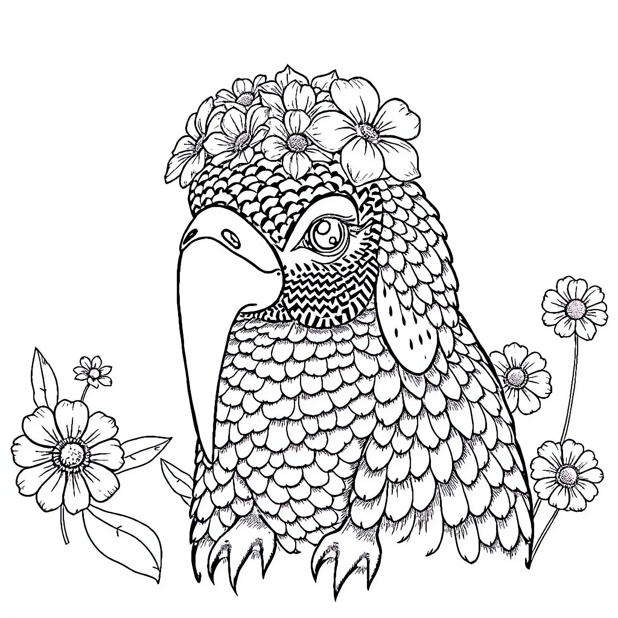 Labubu the Flower-Adorned Parrot Coloring Page (free black-and-white line drawing printable PDF for all, from beginners to advanced learners, including children, teens, adults, and seniors)