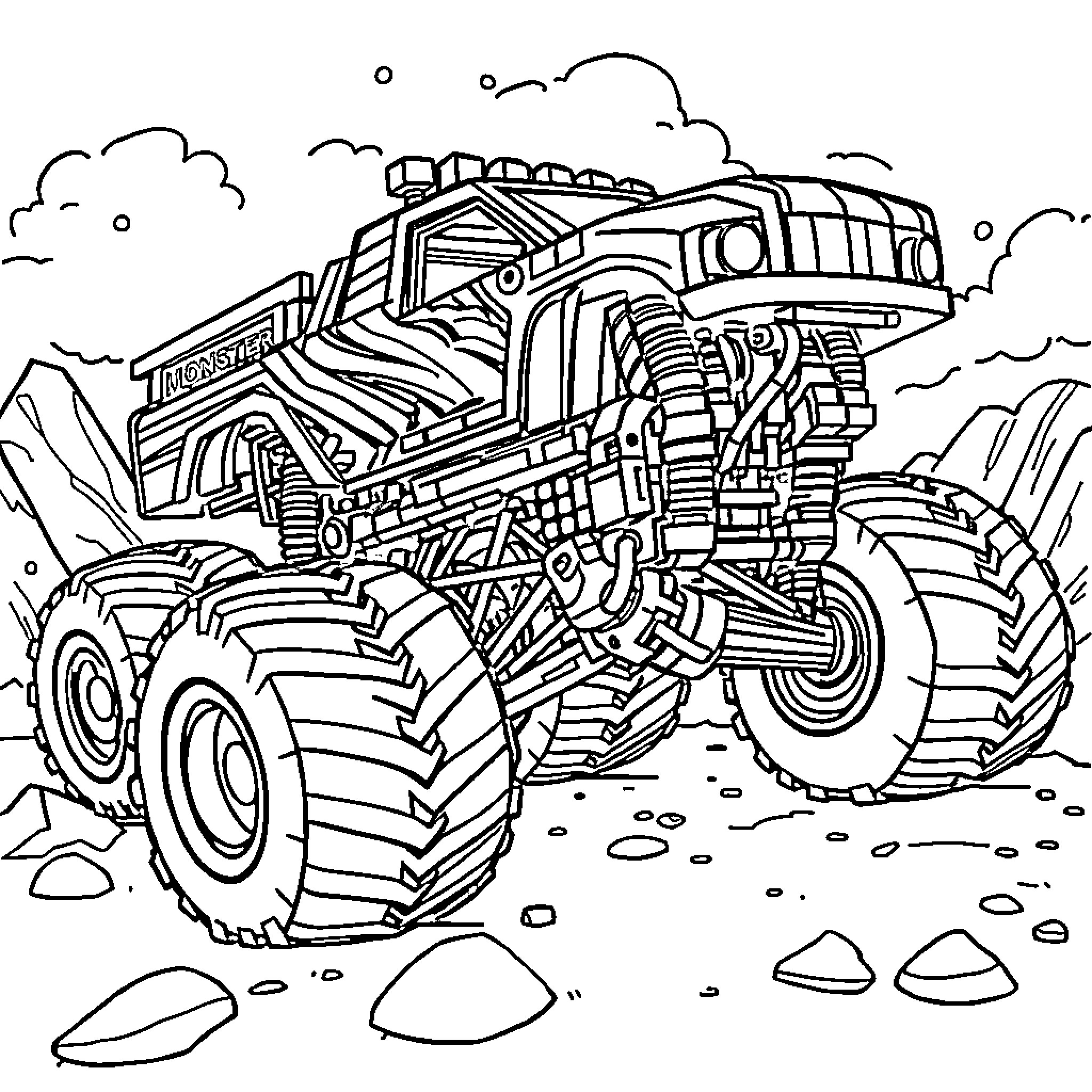 Monster Machine Crushing Rocks on Rugged Terrain Coloring Page (free black-and-white line drawing printable PDF for all, from beginners to advanced learners, including children, teens, adults, and seniors)
