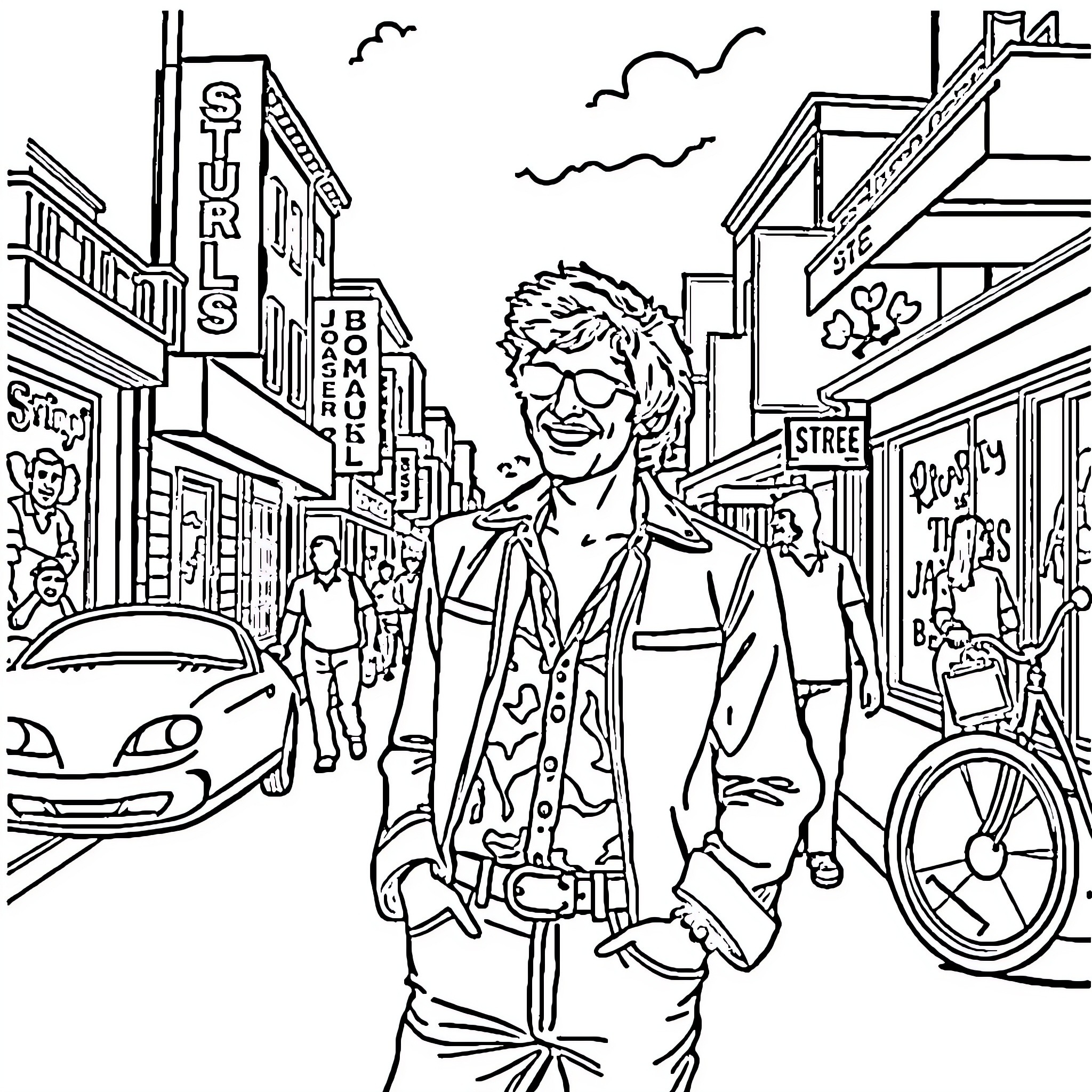 Jimmy's Vibrant City Adventure Coloring Page (free black-and-white line drawing printable PDF for all, from beginners to advanced learners, including children, teens, adults, and seniors)