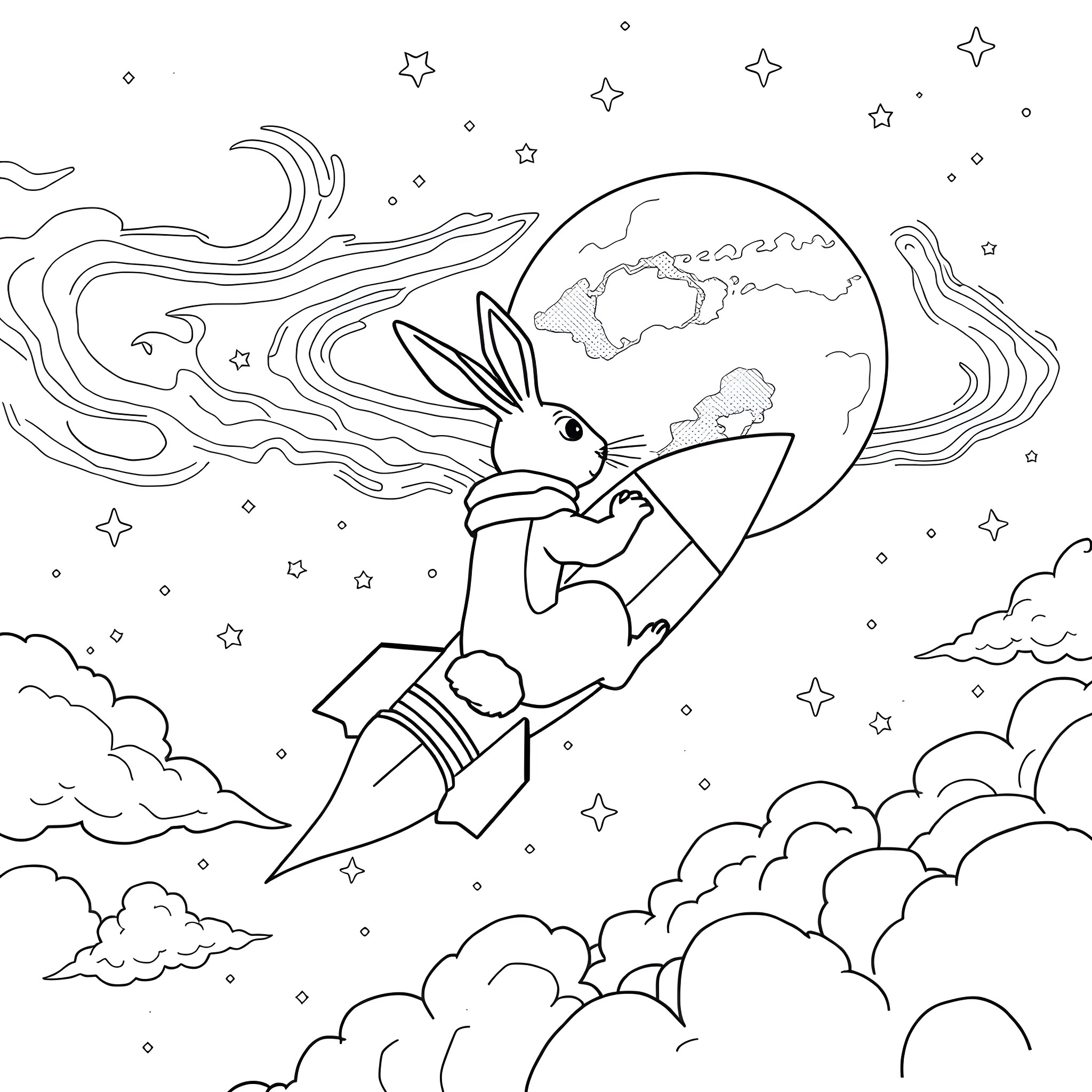 Rabbit soaring through cosmic space in a rocket Coloring Page (free black-and-white line drawing printable PDF for all, from beginners to advanced learners, including children, teens, adults, and seniors)