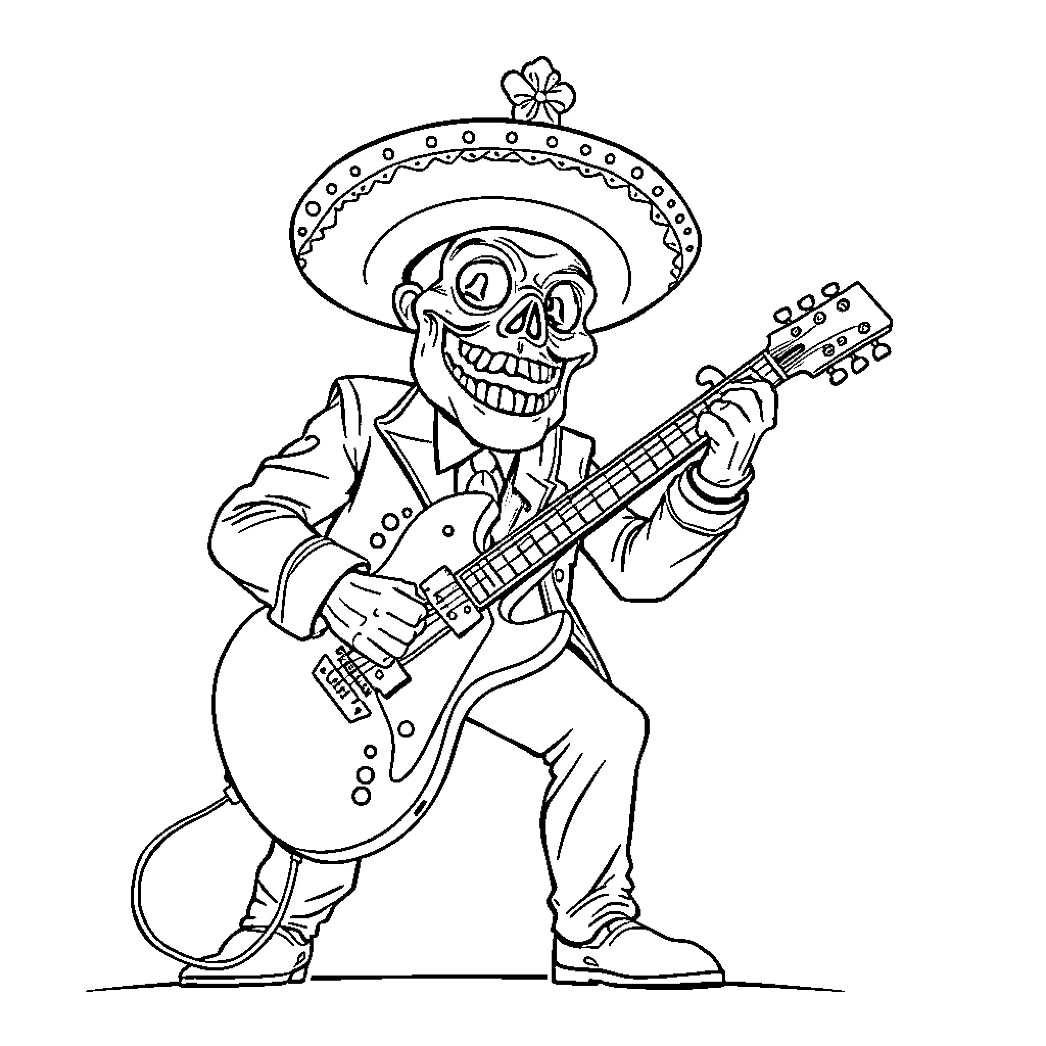 Mr. Potato Head Playing Guitar in Mariachi Outfit Coloring Page (free black-and-white line drawing printable PDF for all, from beginners to advanced learners, including children, teens, adults, and seniors)