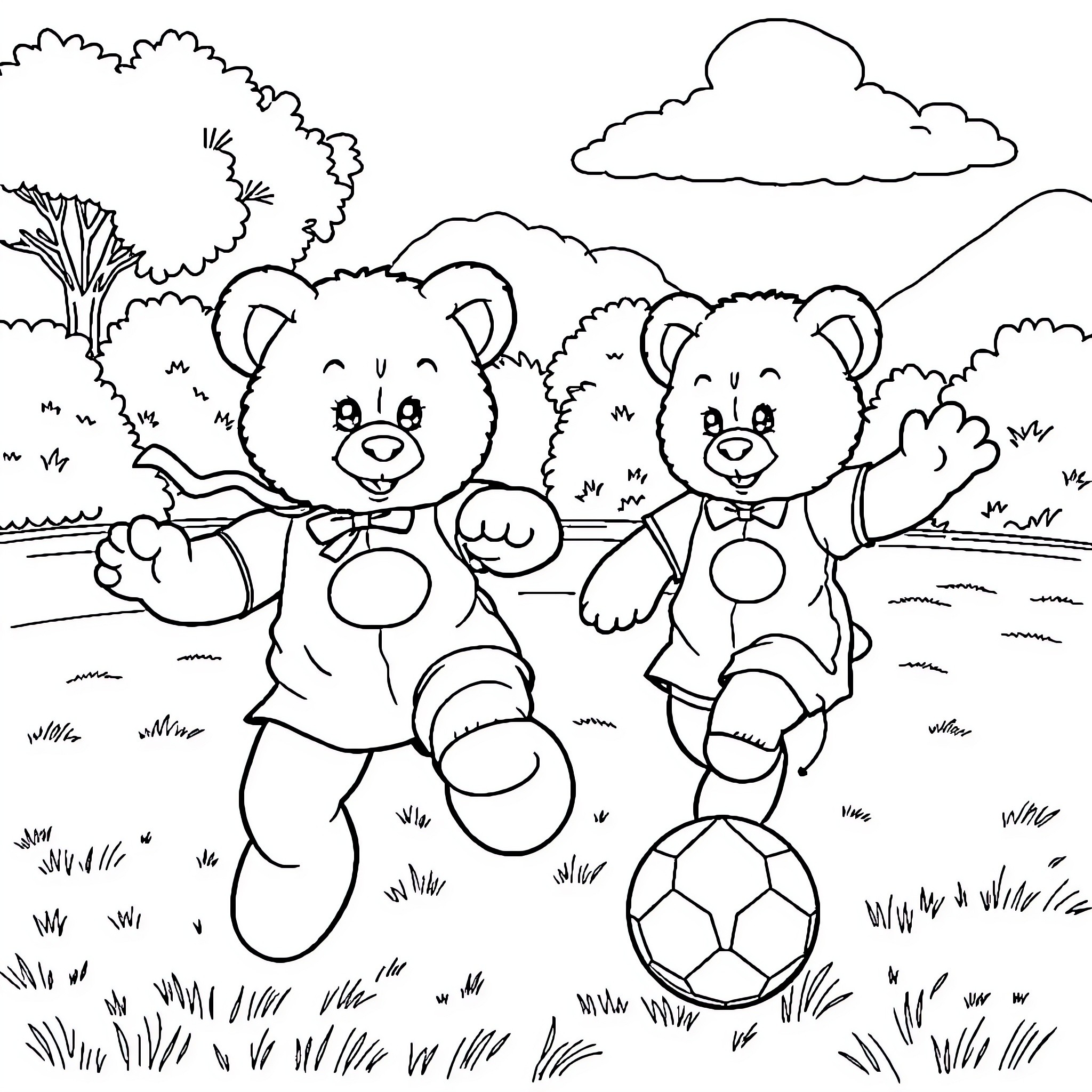Beanie Babies playing with soccer ball in a park Coloring Page (free black-and-white line drawing printable PDF for all, from beginners to advanced learners, including children, teens, adults, and seniors)
