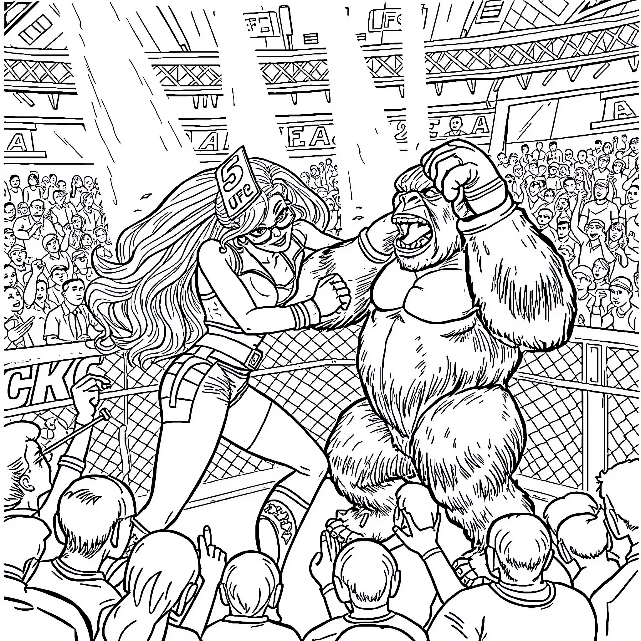 Barbie Wrestling Fierce Opponent in Wrestling Ring Coloring Page (free black-and-white line drawing printable PDF for all, from beginners to advanced learners, including children, teens, adults, and seniors)