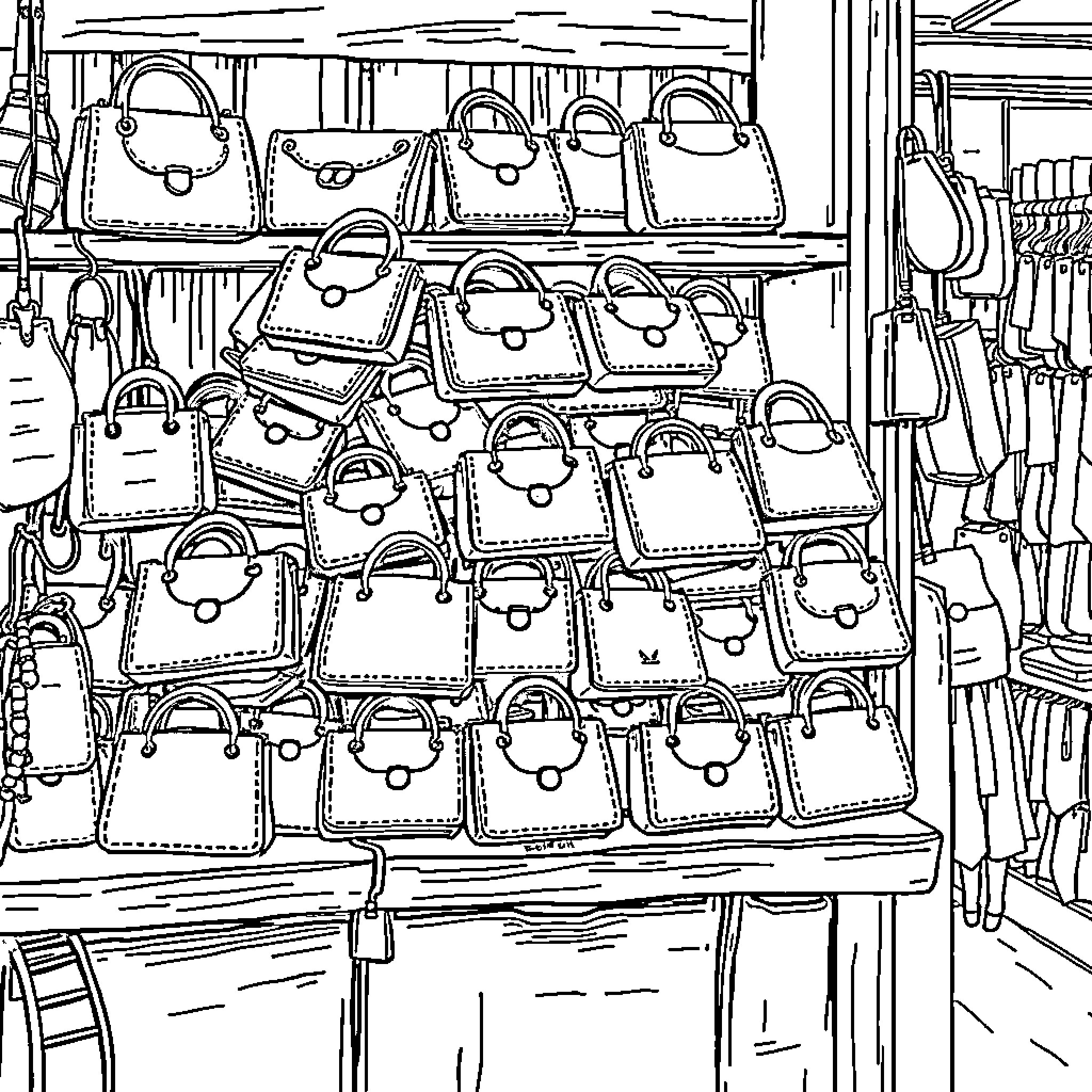 Purse display in a retail store Coloring Page (free black-and-white line drawing printable PDF for all, from beginners to advanced learners, including children, teens, adults, and seniors)