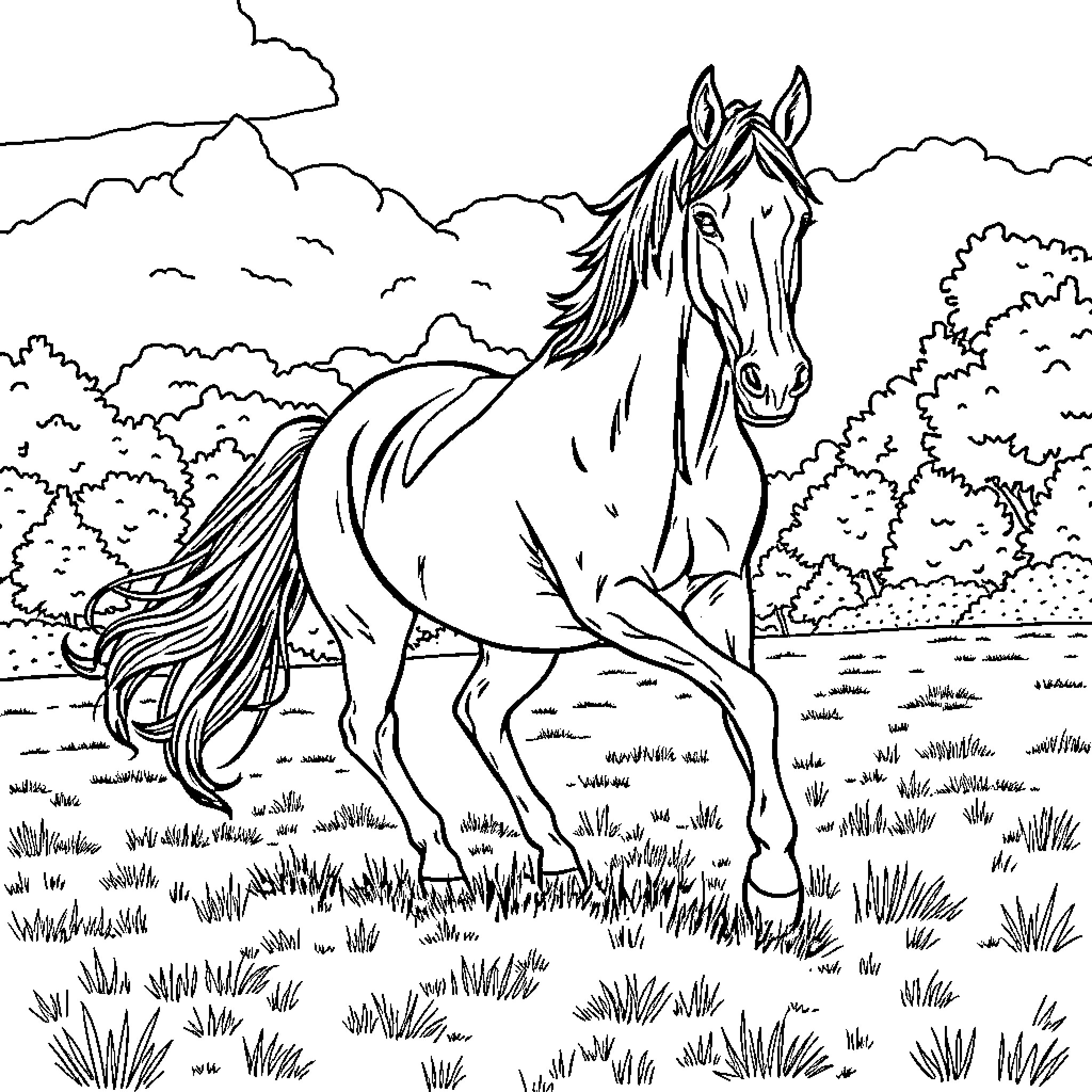 Unicorn galloping through a lush meadow Coloring Page (free black-and-white line drawing printable PDF for all, from beginners to advanced learners, including children, teens, adults, and seniors)