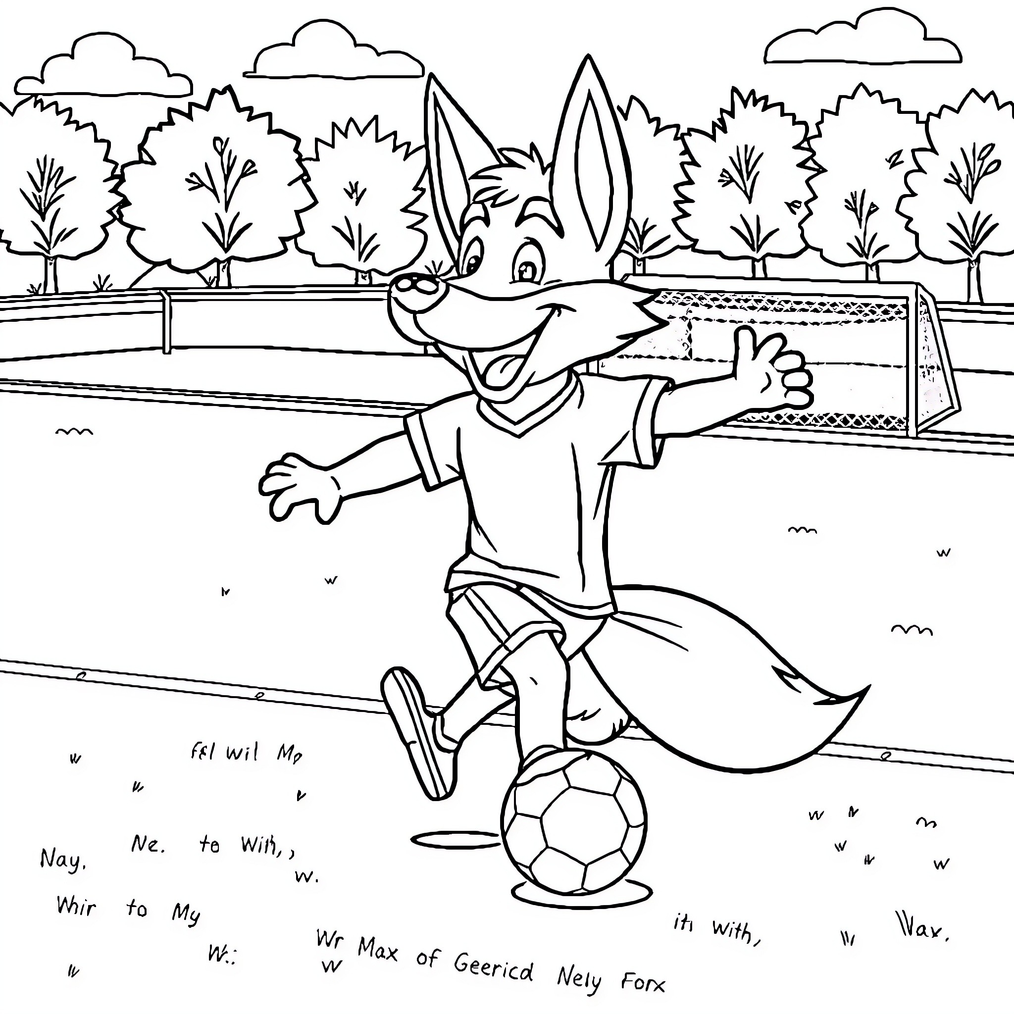 Fox playing football in the park Coloring Page (free black-and-white line drawing printable PDF for all, from beginners to advanced learners, including children, teens, adults, and seniors)