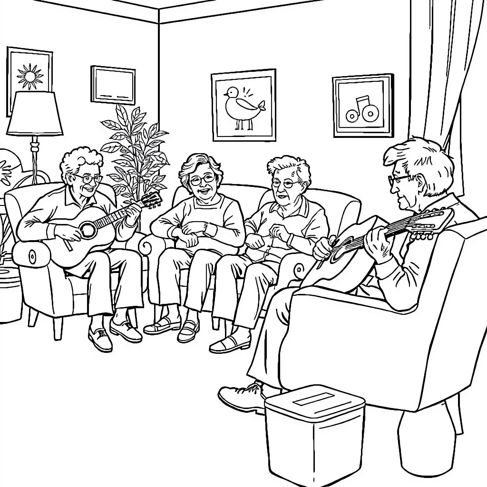 Adult friends enjoying music together in living room Coloring Page (free black-and-white line drawing printable PDF for all, from beginners to advanced learners, including children, teens, adults, and seniors)