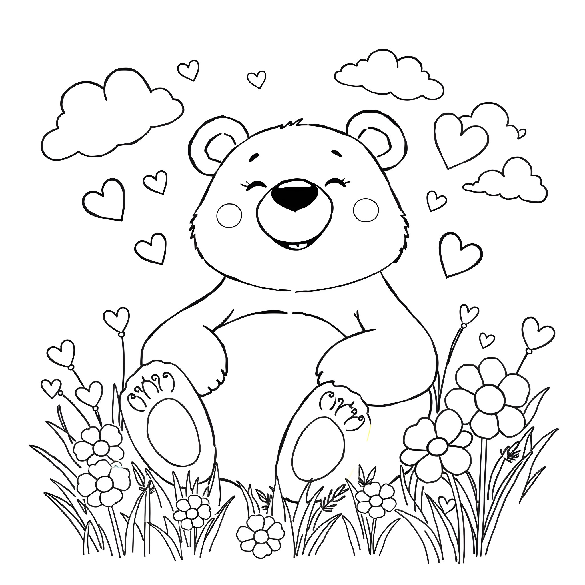 Care Bear among flowers and hearts Coloring Page (free black-and-white line drawing printable PDF for all, from beginners to advanced learners, including children, teens, adults, and seniors)
