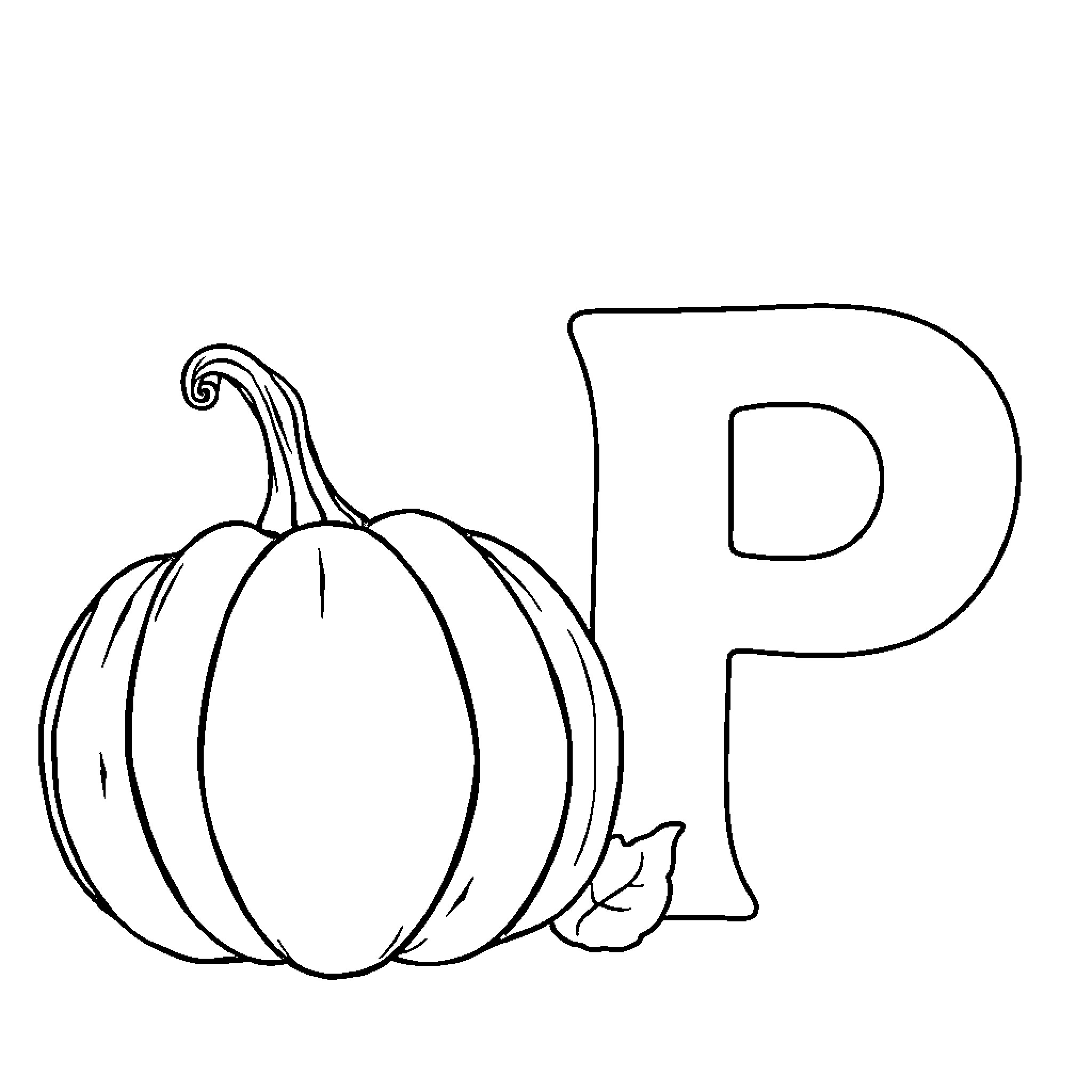 Pumpkin with letter P Coloring Page (free black-and-white line drawing printable PDF for all, from beginners to advanced learners, including children, teens, adults, and seniors)