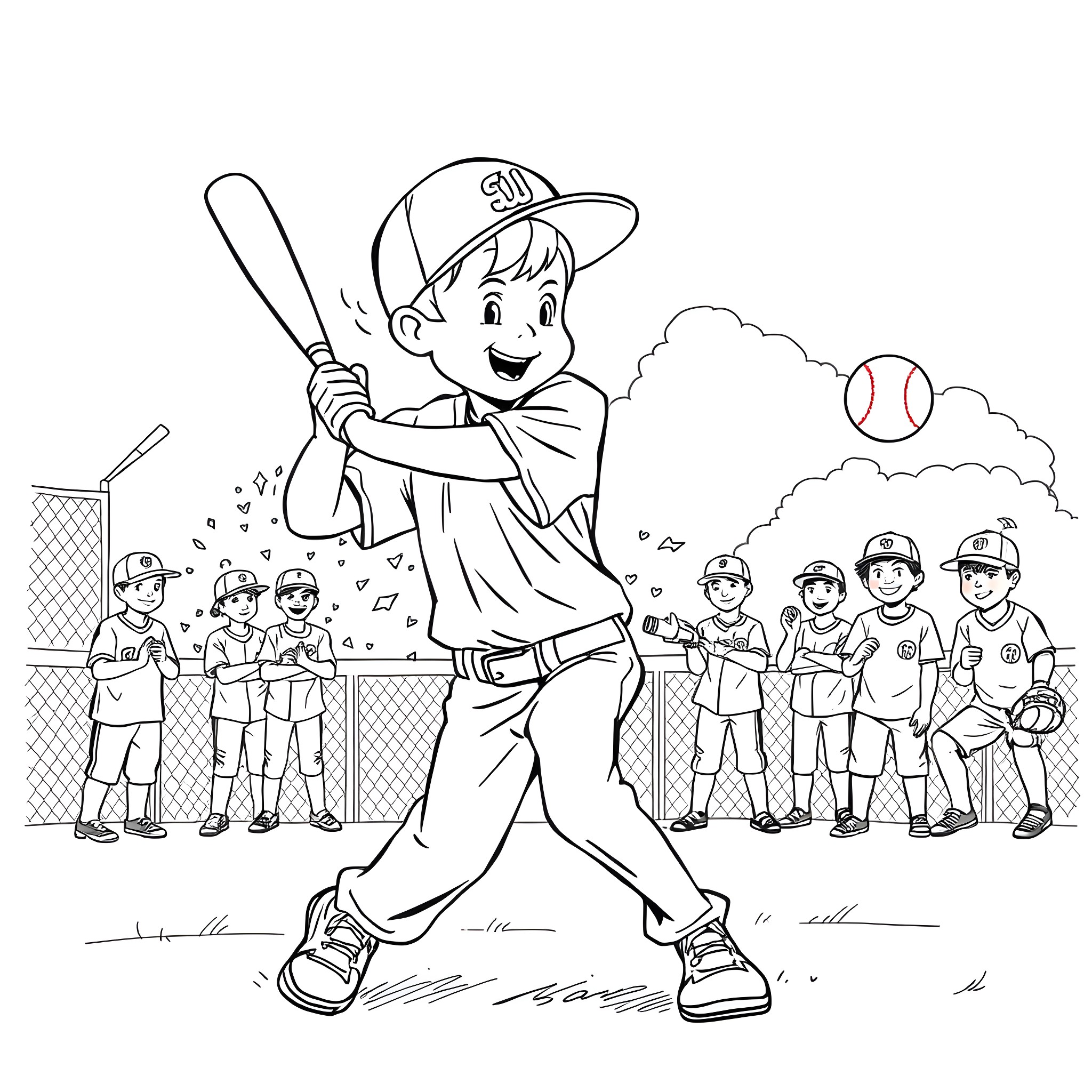 Boy playing baseball with teammates on the field Coloring Page (free black-and-white line drawing printable PDF for all, from beginners to advanced learners, including children, teens, adults, and seniors)